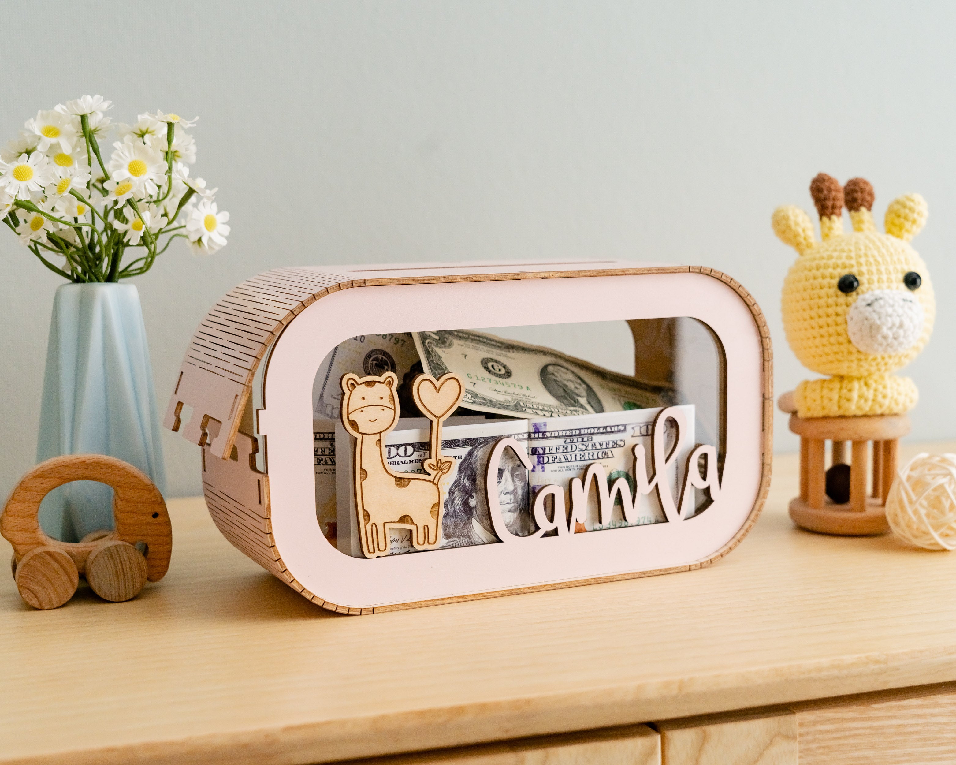 Scandinavian-Inspired Personalized Wooden Piggy Bank for Kids