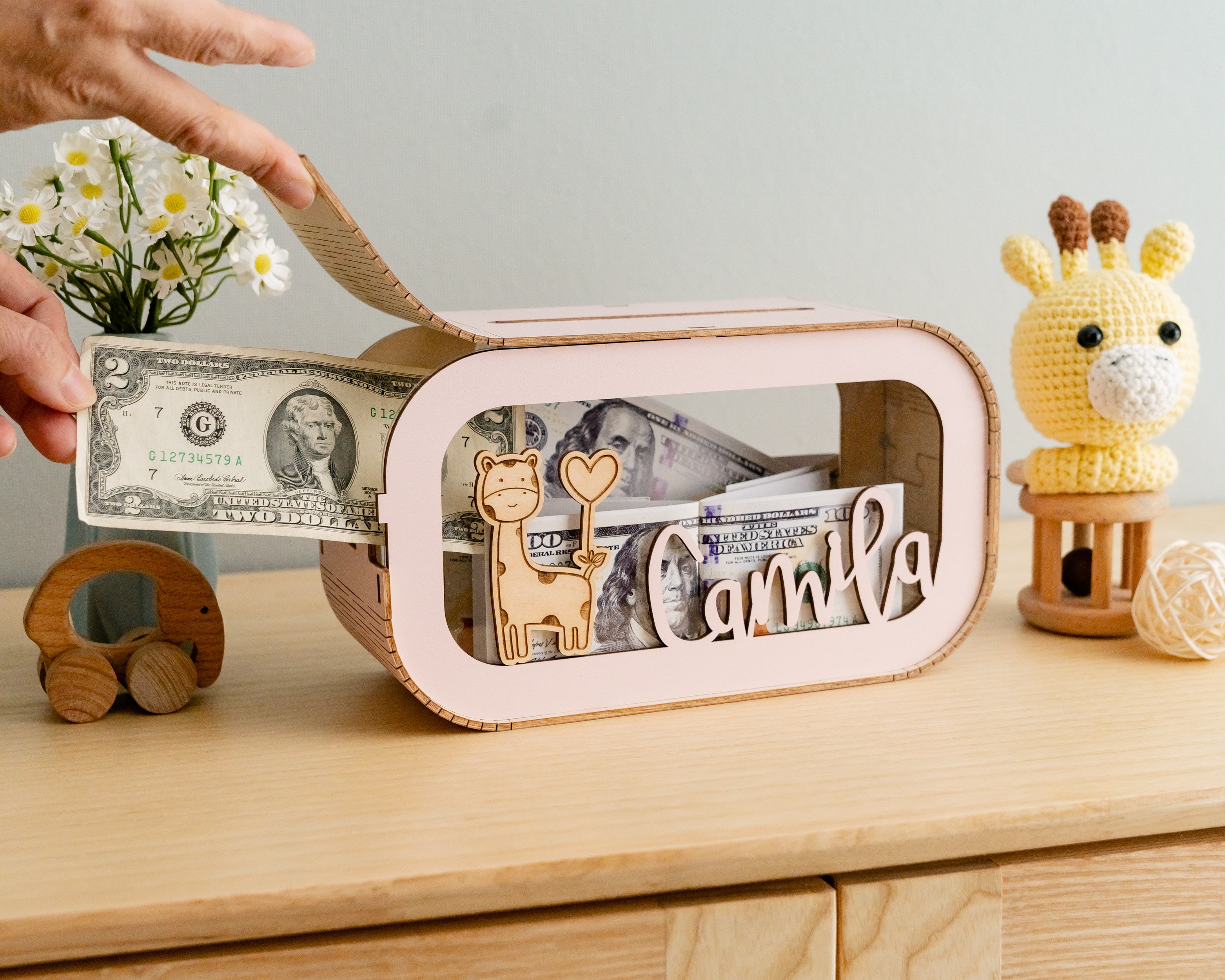 Scandinavian-Inspired Personalized Wooden Piggy Bank for Kids