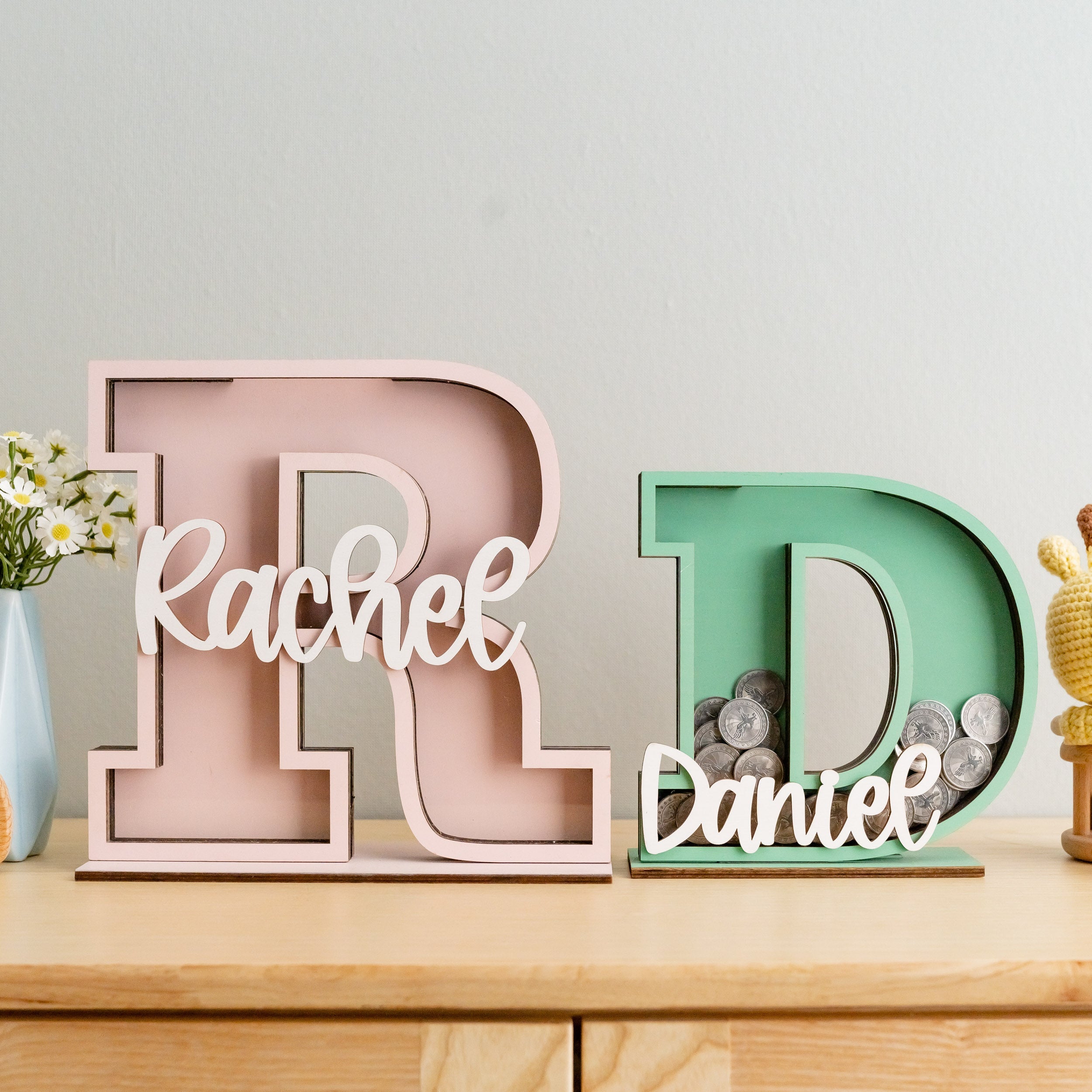 Personalized Letter Piggy Bank Wood Acrylic Kids Money Bank E13