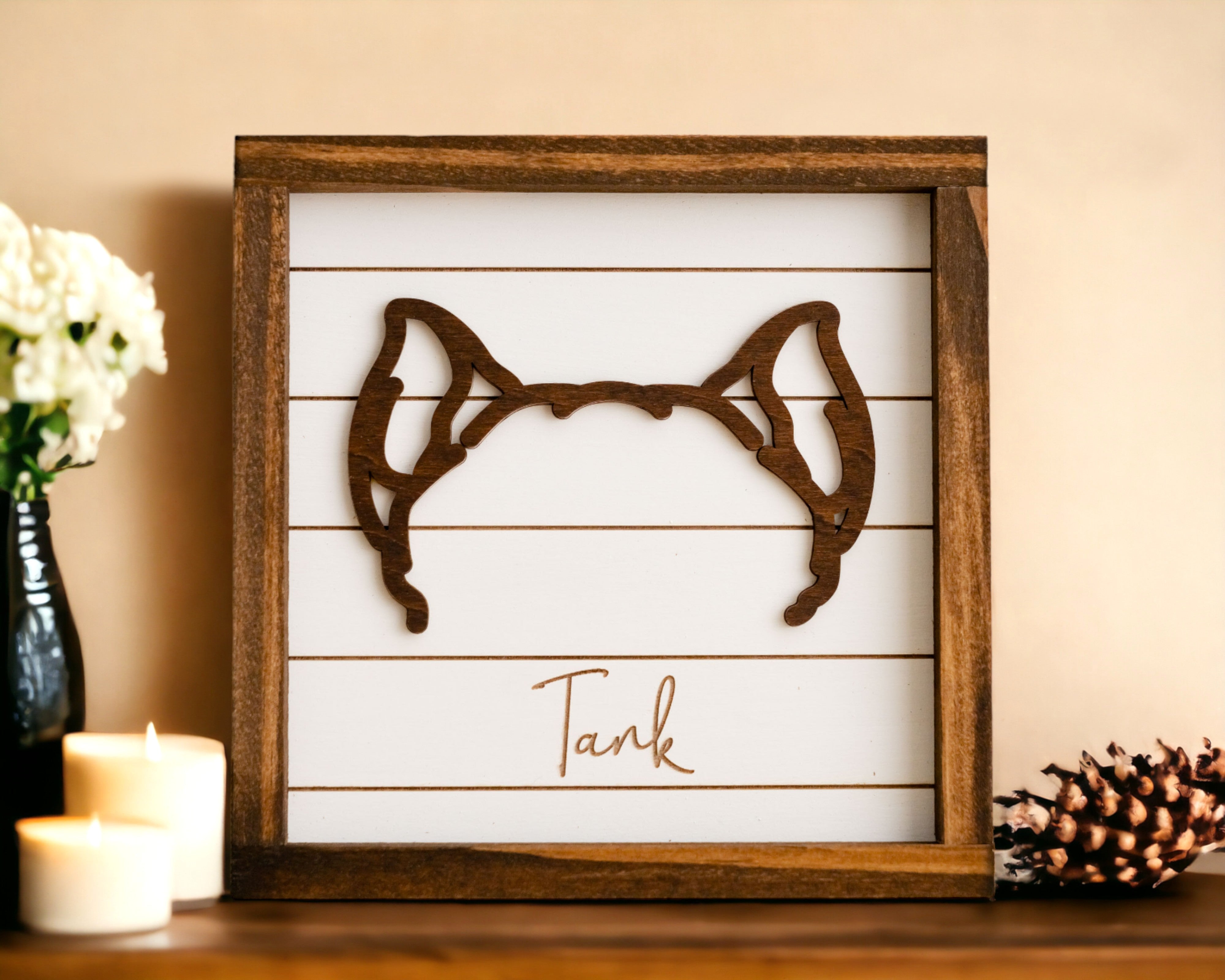 Boho Rustic Dog Ear Drawing Framed For Pet Memorial Decor