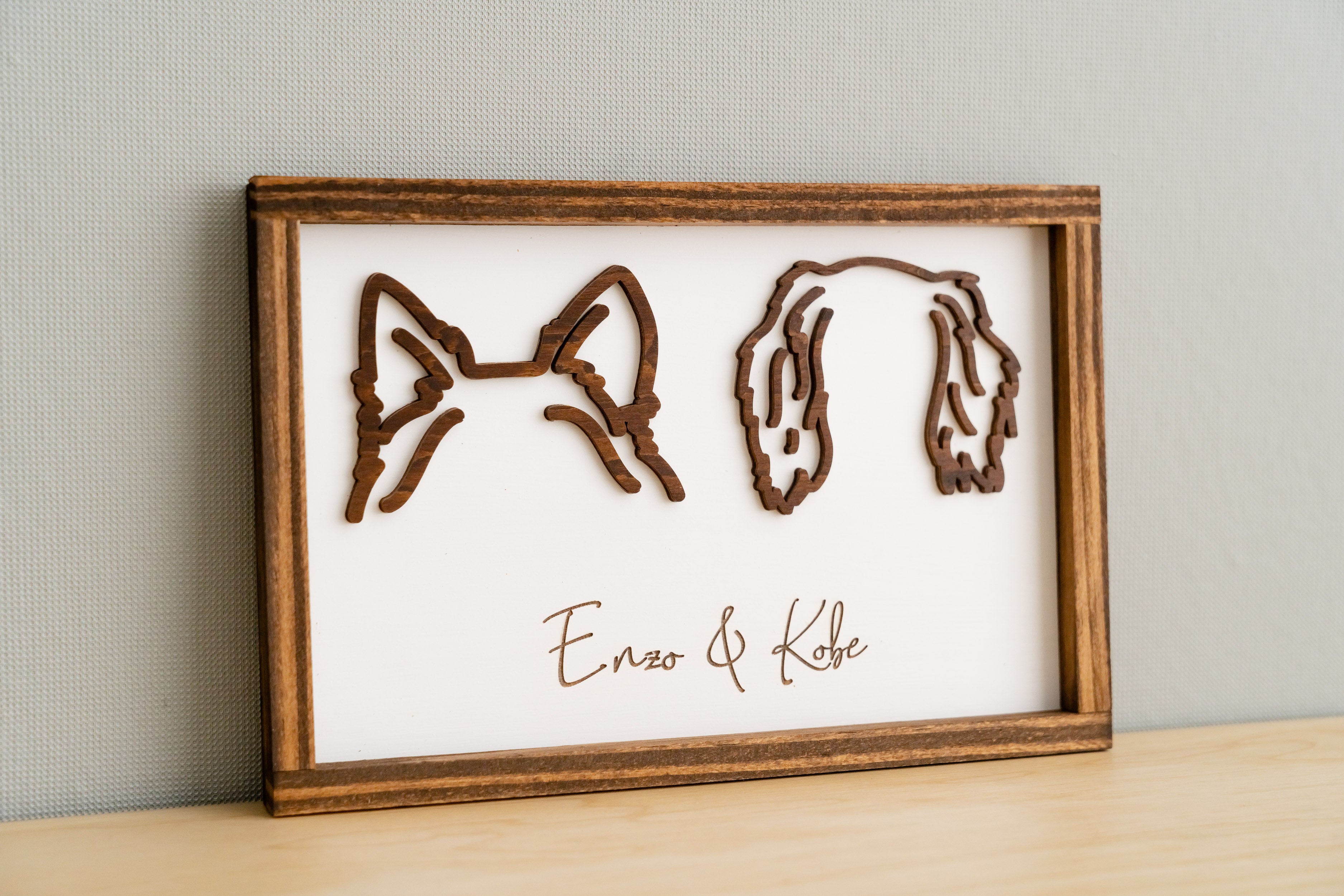 Boho Rustic Dog Ear Drawing Framed For Pet Memorial Decor