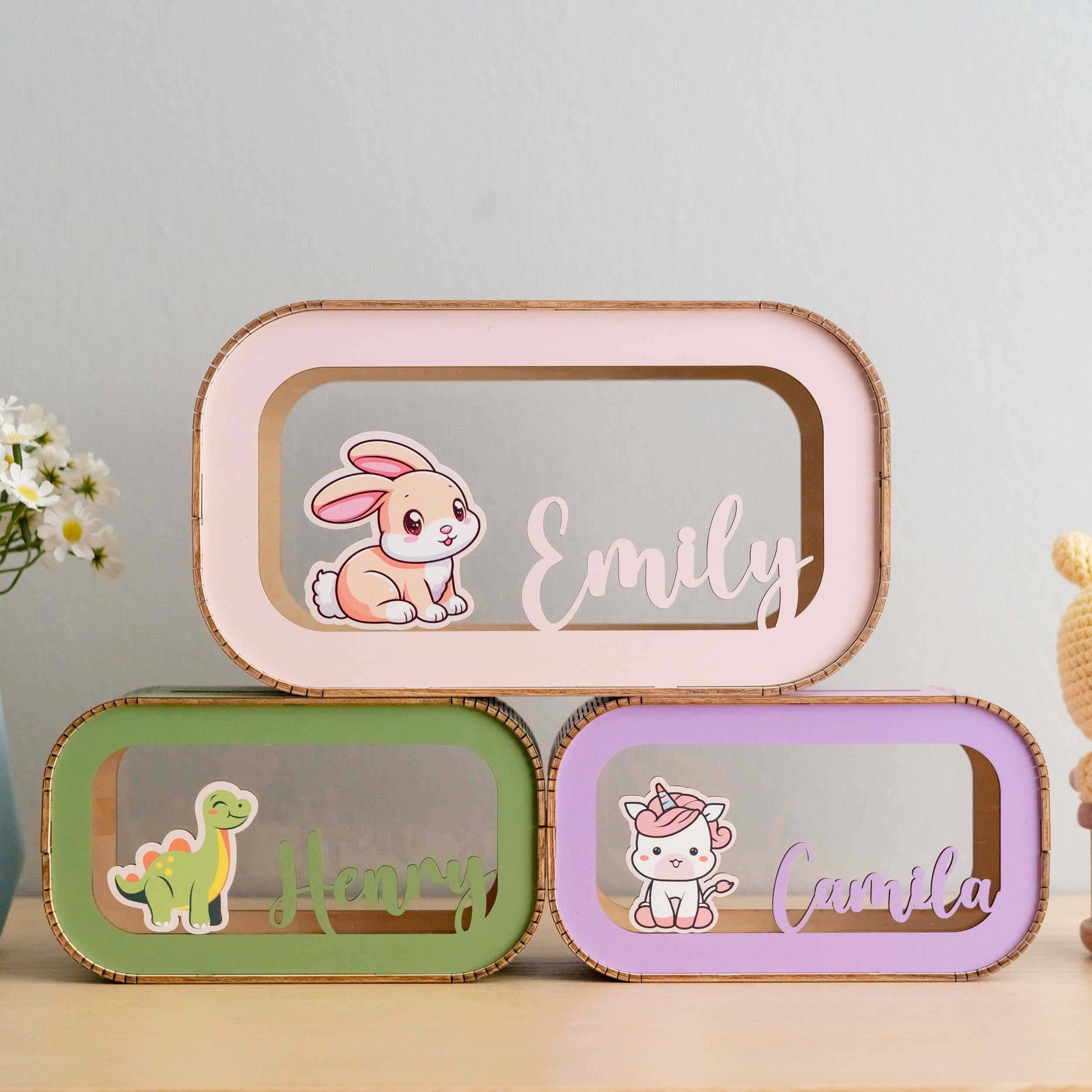 Personalized Animal Piggy Bank Wood Acrylic Baby Money Bank J58