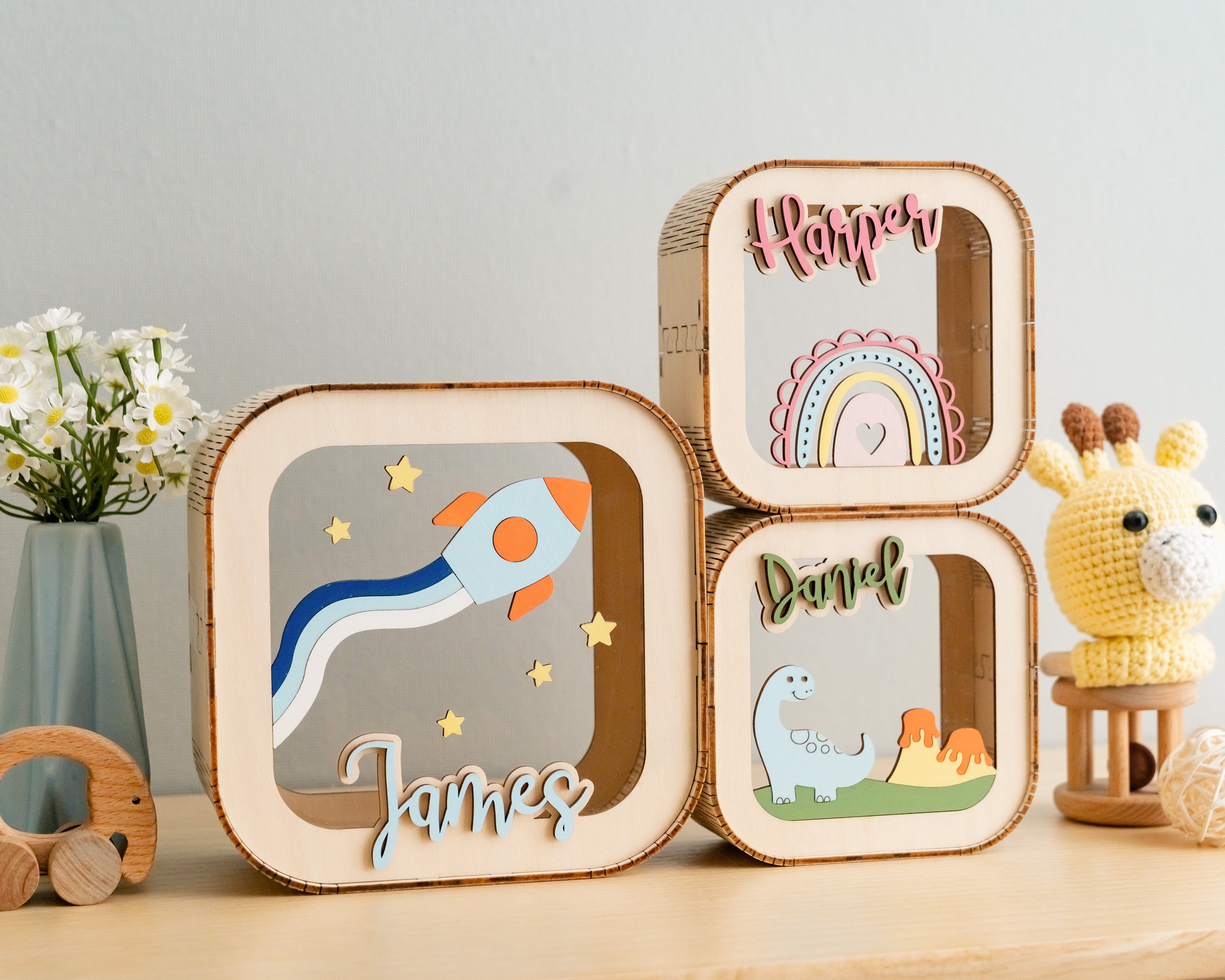 Scandinavian Inspired Personalized Wooden Piggy Bank for Nursery Savings