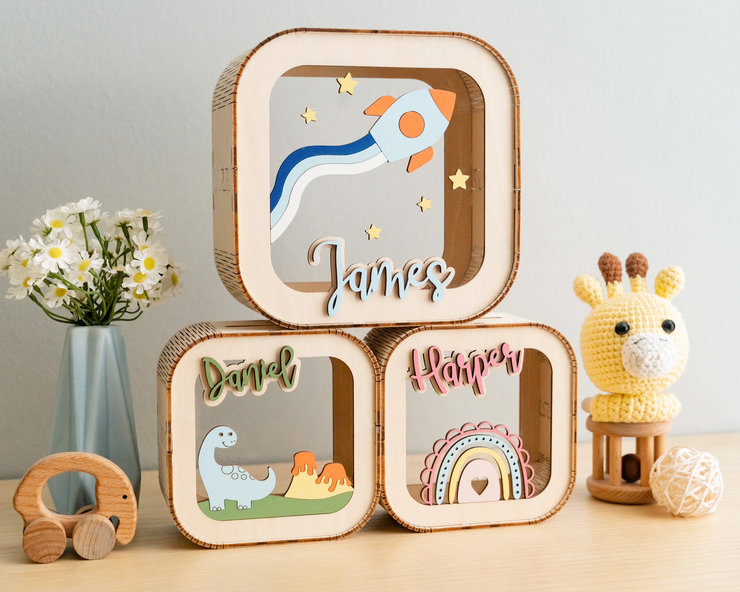 Scandinavian Inspired Personalized Wooden Piggy Bank for Nursery Savings