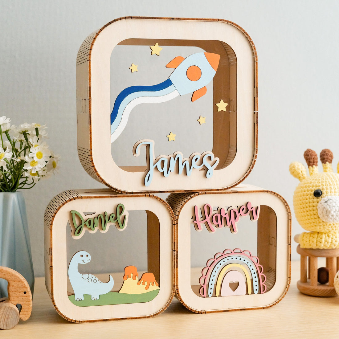 Personalized Wooden Piggy Bank wood acrylic for kids piggy bank decor E10