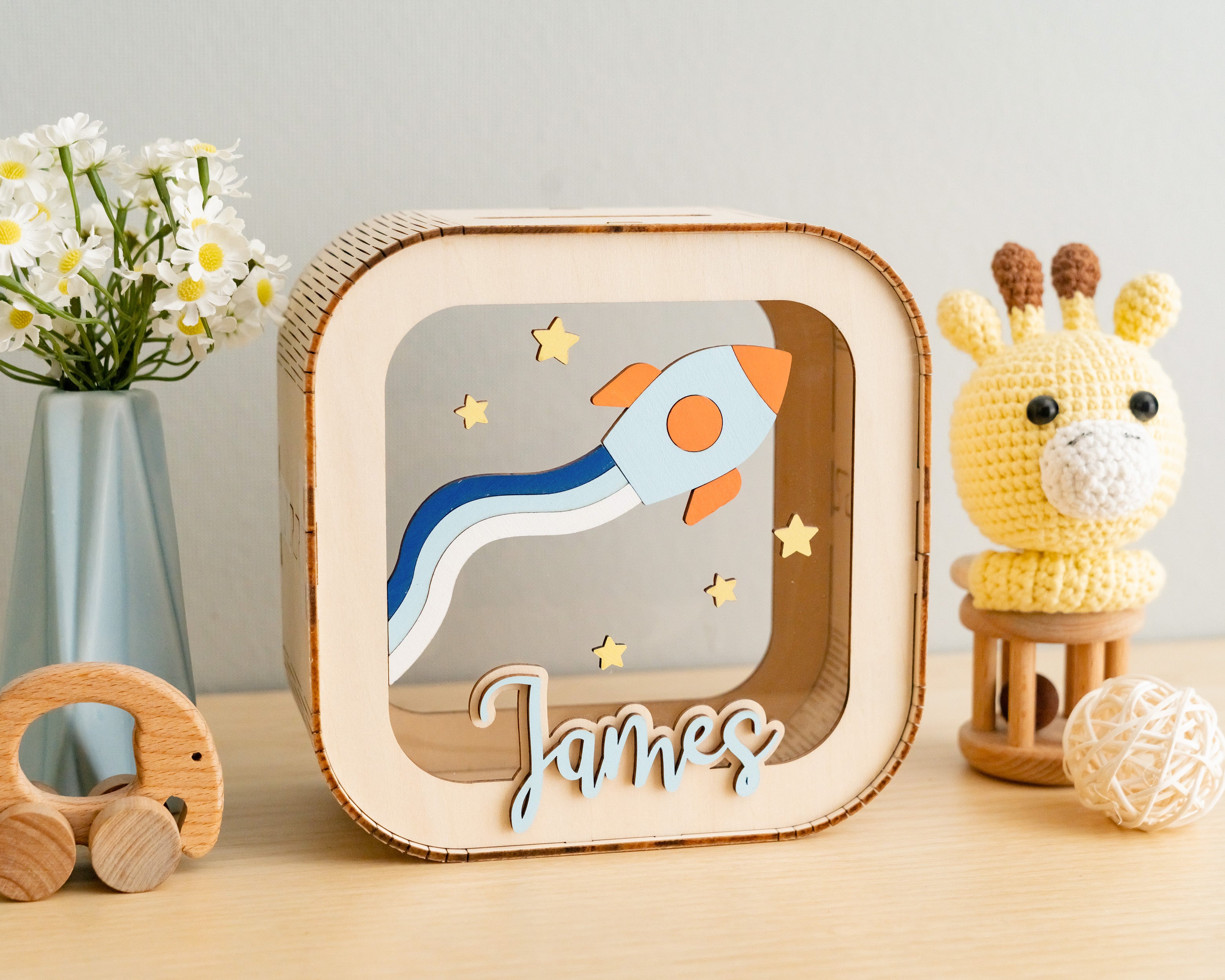 Scandinavian Inspired Personalized Wooden Piggy Bank for Nursery Savings