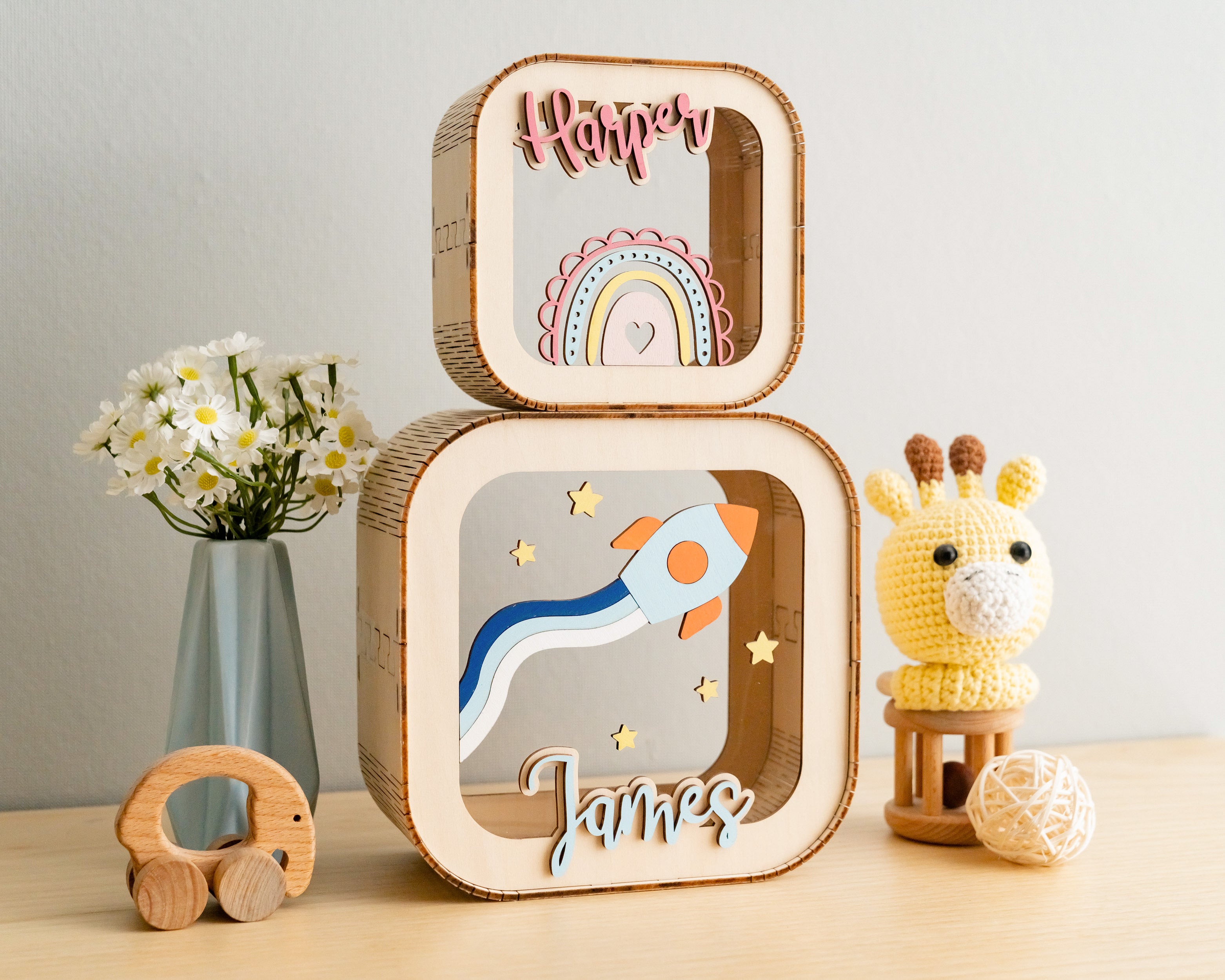 Personalized Wooden Piggy Bank for Stylish Nursery Savings