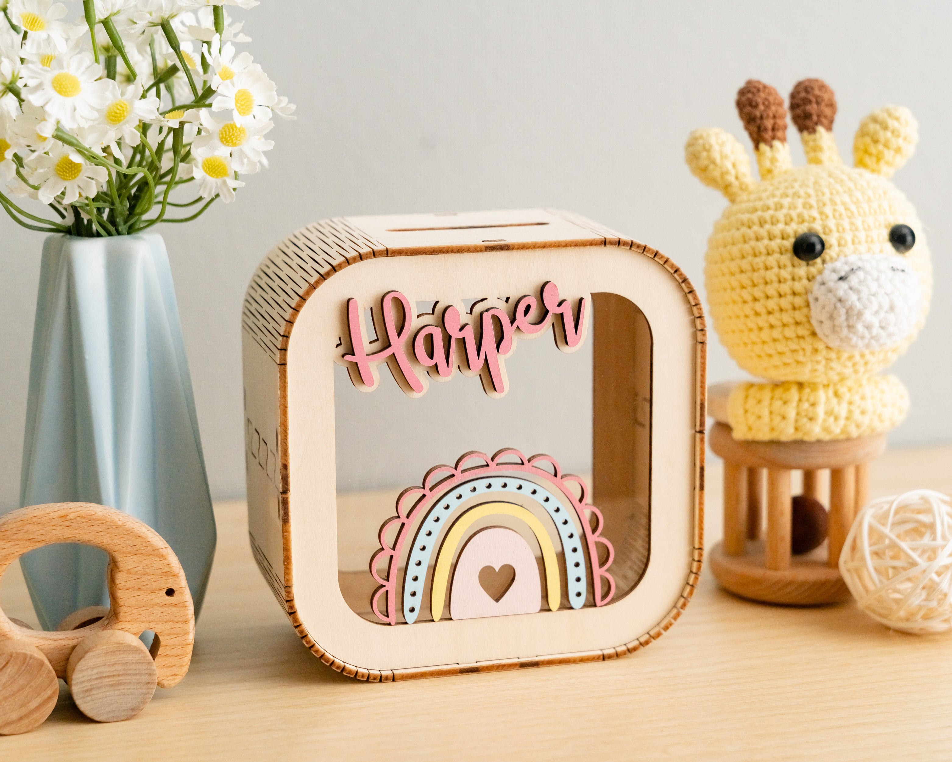 Scandinavian Inspired Personalized Wooden Piggy Bank for Nursery Savings