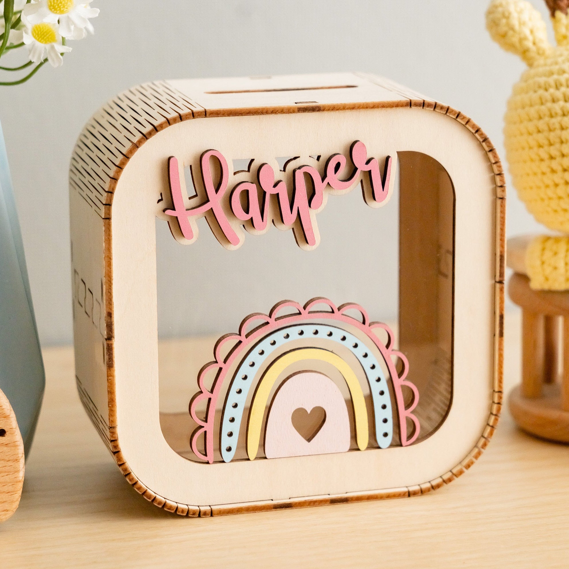Personalized Wooden Piggy Bank wood acrylic for kids saving and decor E10