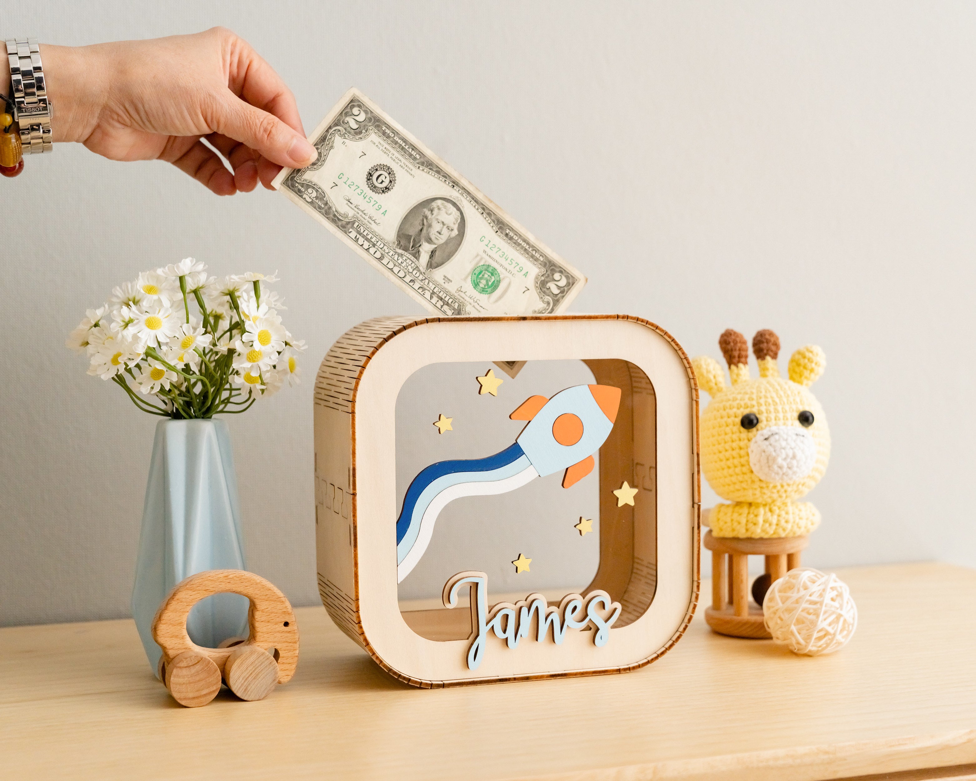 Scandinavian Inspired Personalized Wooden Piggy Bank for Nursery Savings