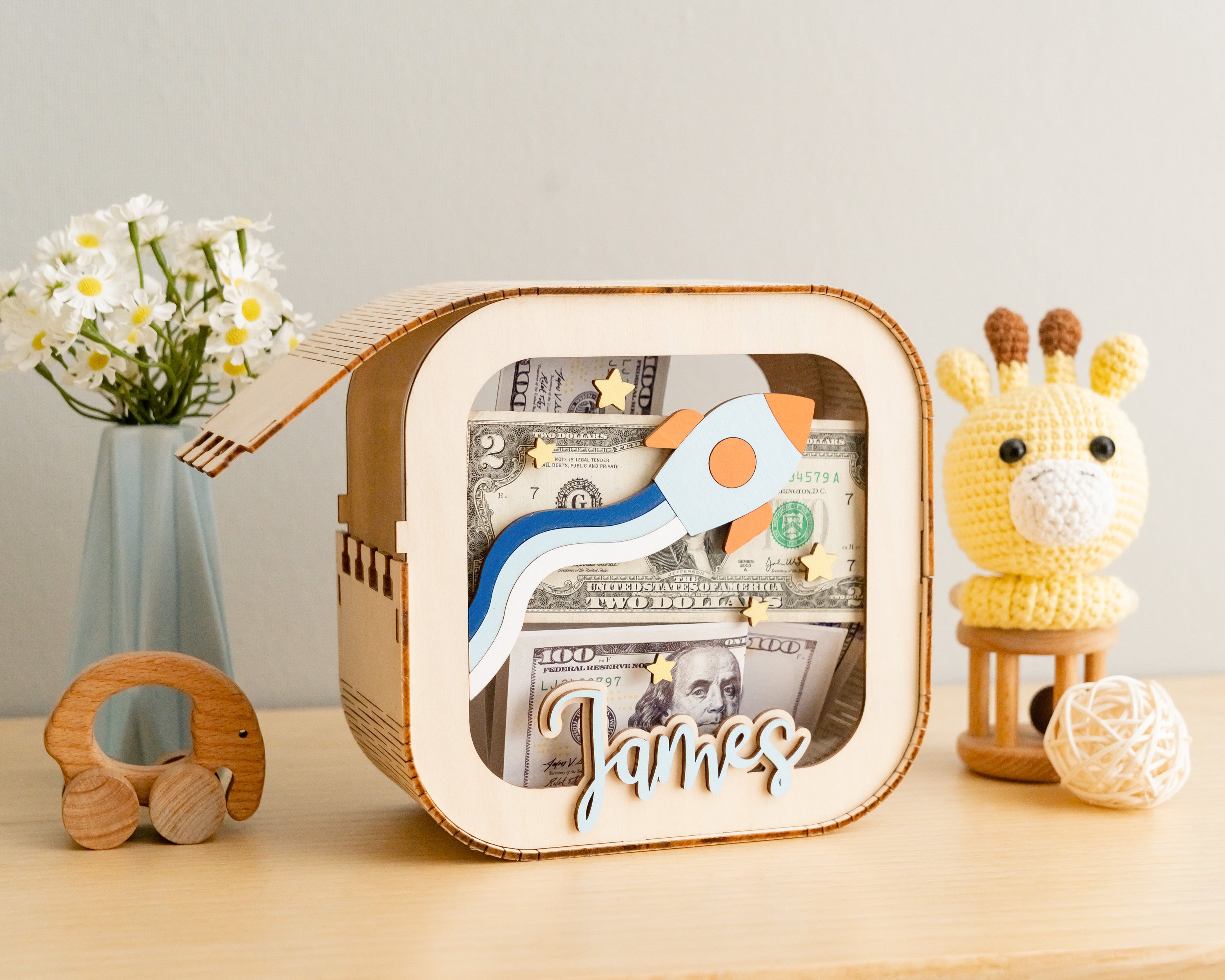 Custom Wooden Piggy Bank For Nursery Decor and Baby Savings