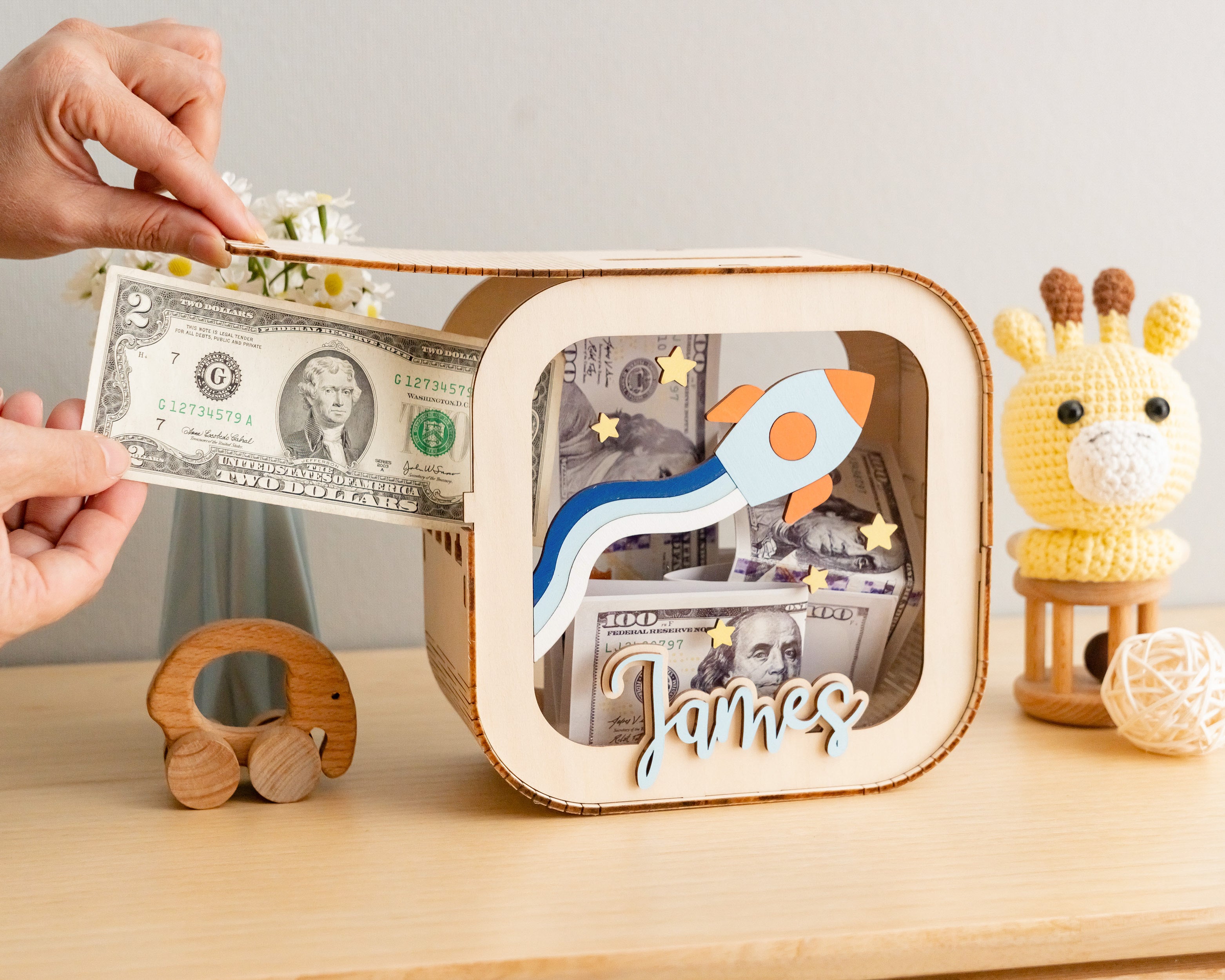 Personalized Wooden Piggy Bank wood acrylic for kids piggy bank decor E10