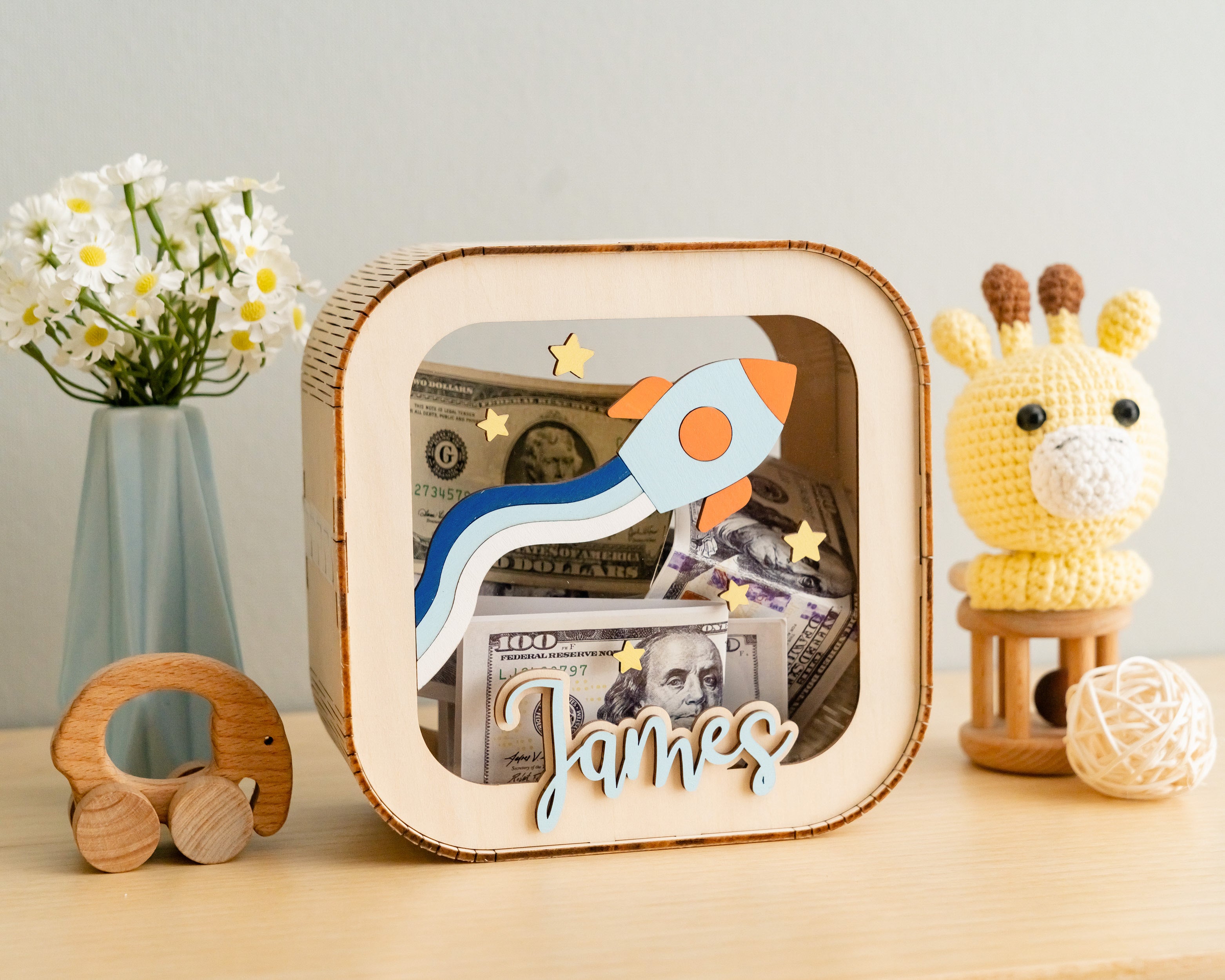 Scandinavian Inspired Personalized Wooden Piggy Bank for Nursery Savings