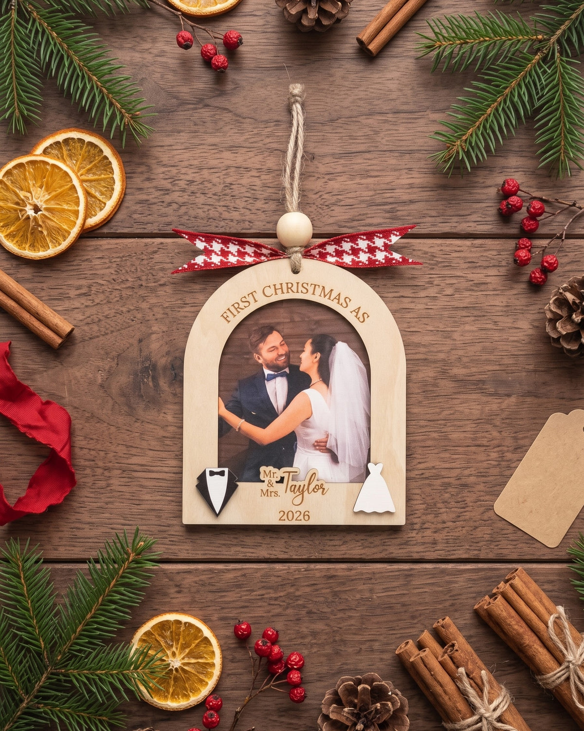 Married Photo Ornament Wood, Newlywed Christmas Ornament Gift B49