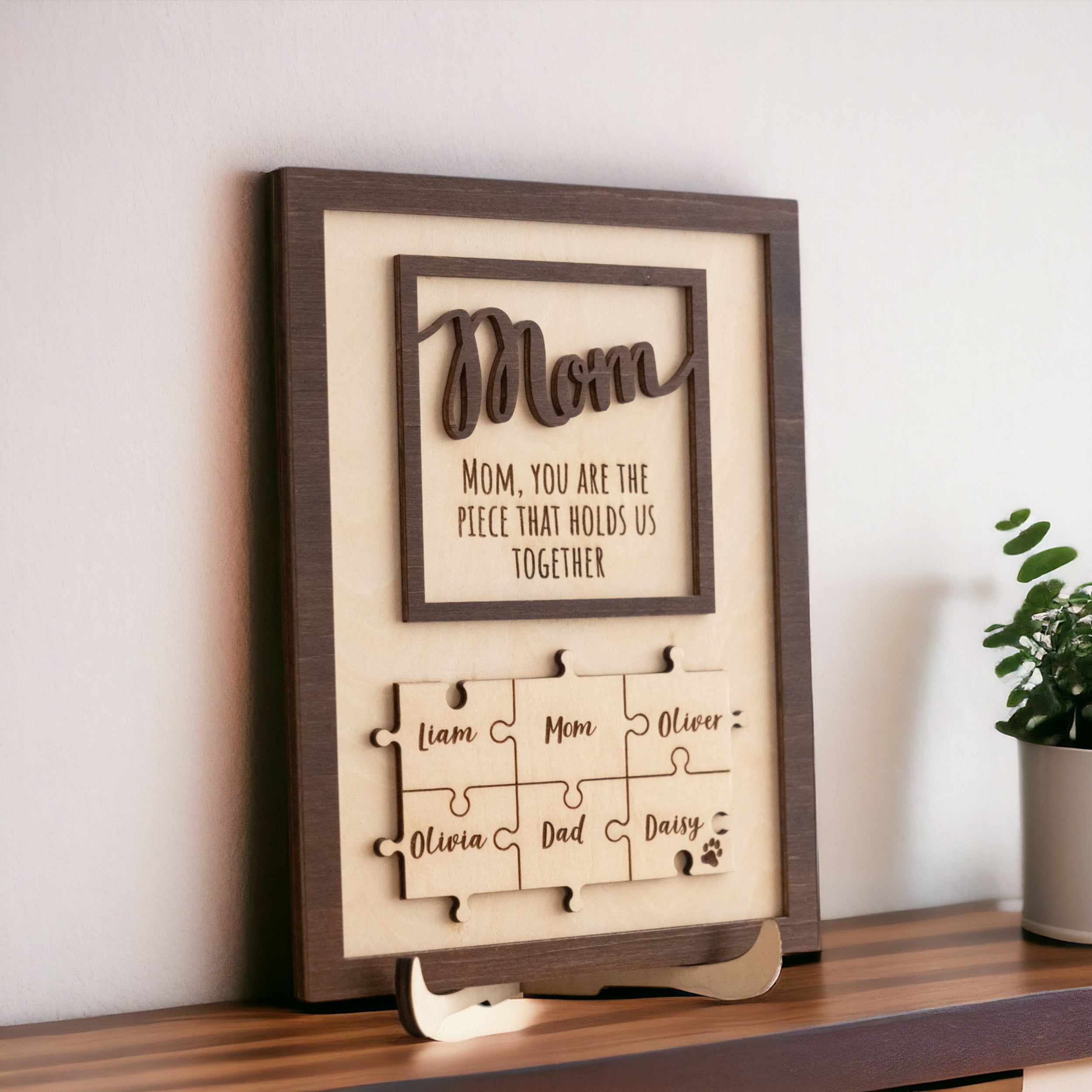 Personalized Wooden Puzzle Frame for Mom Wooden Decor Gift for Mom and Custom Family Puzzle N03