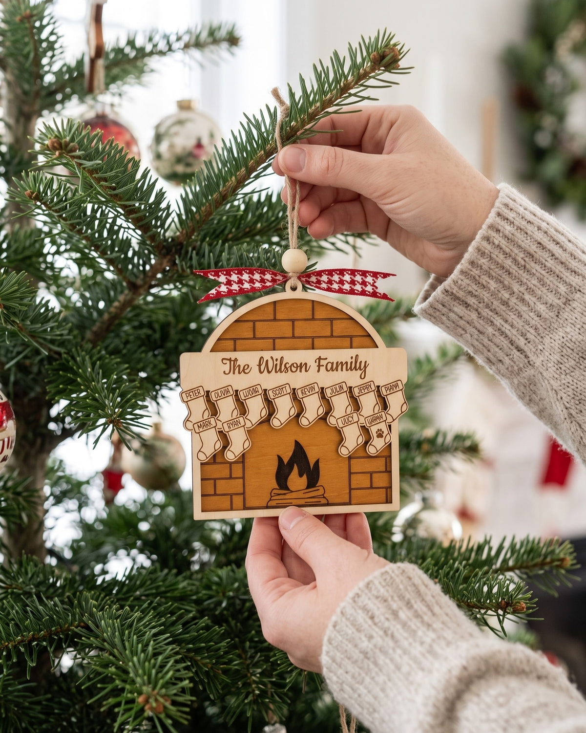 Family Fireplace Ornament Wood and Custom Family Ornament Gift B55