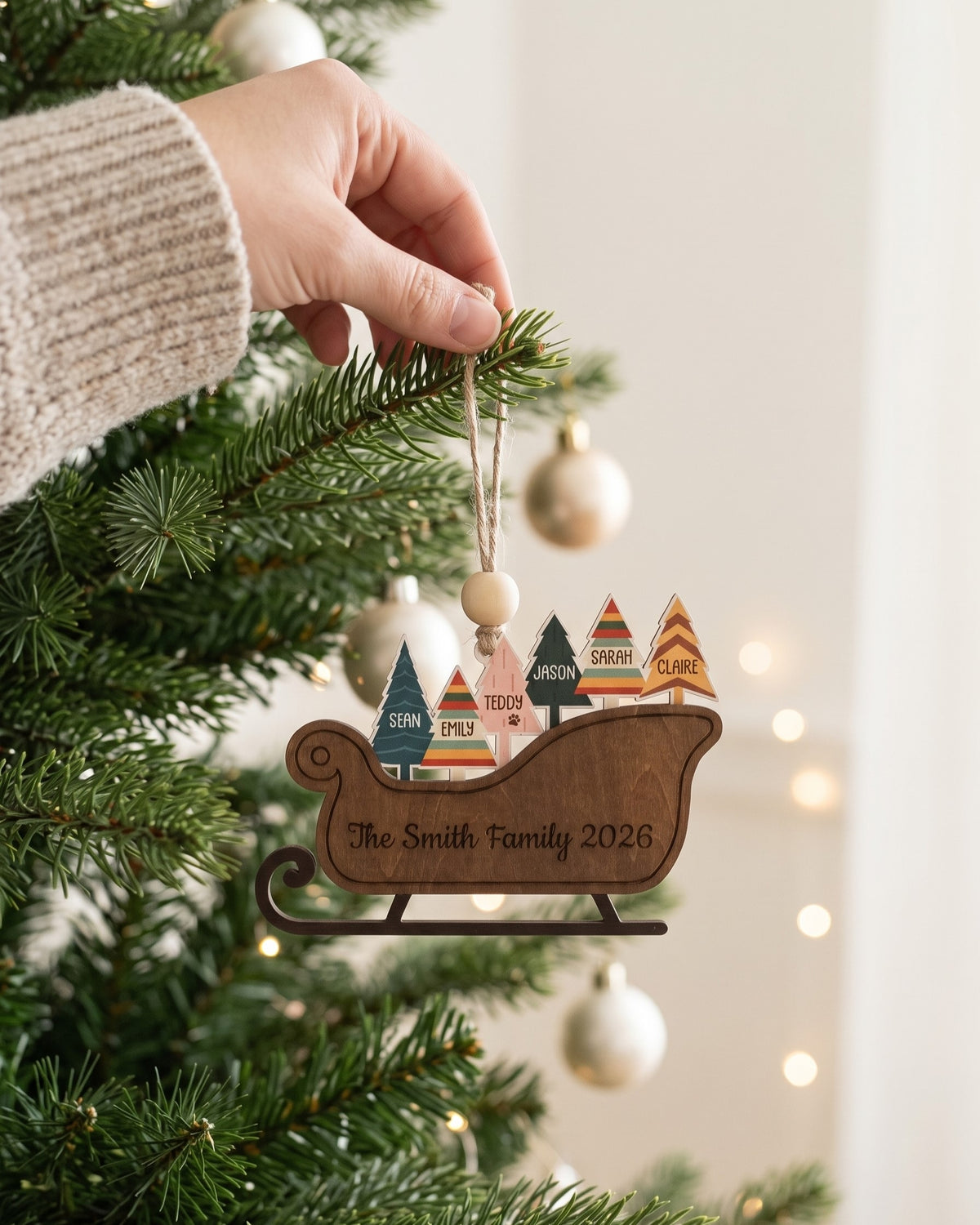 Family Sleigh Ornament Wood, Family Christmas Gift for Tree B64