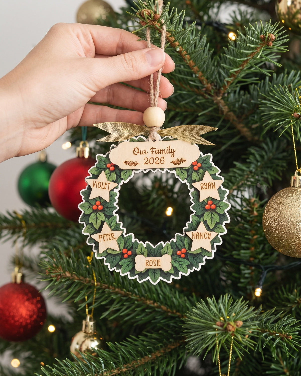Family Wreath Ornament Wood, Christmas Tree Ornament Decor B72