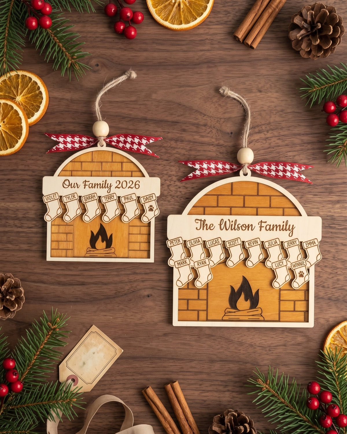 Family Fireplace Ornament Wood and Custom Family Ornament Gift B55