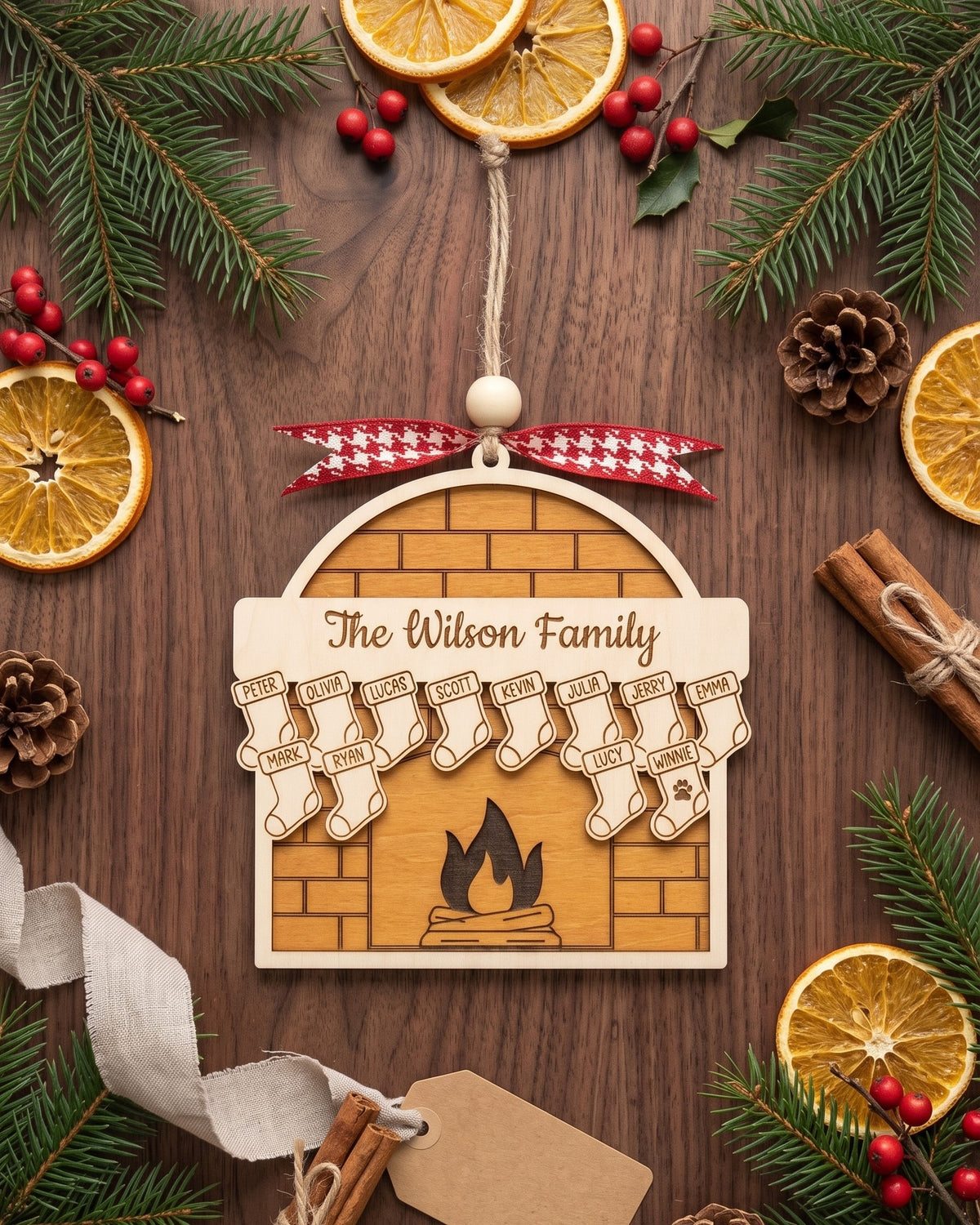 Family Fireplace Ornament Wood and Custom Family Ornament Gift B55