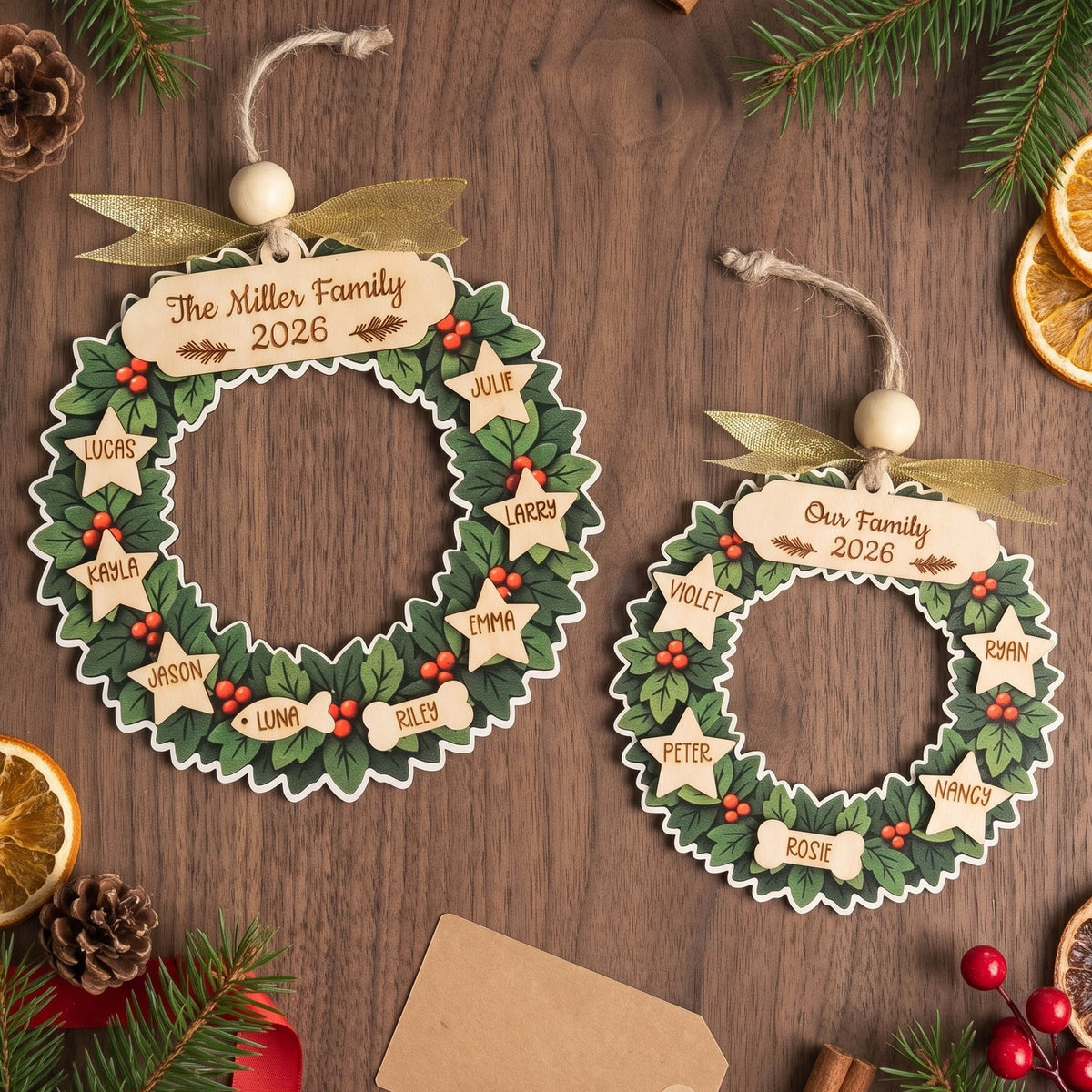 Family Wreath Ornament Wood, Christmas Tree Ornament Decor B72