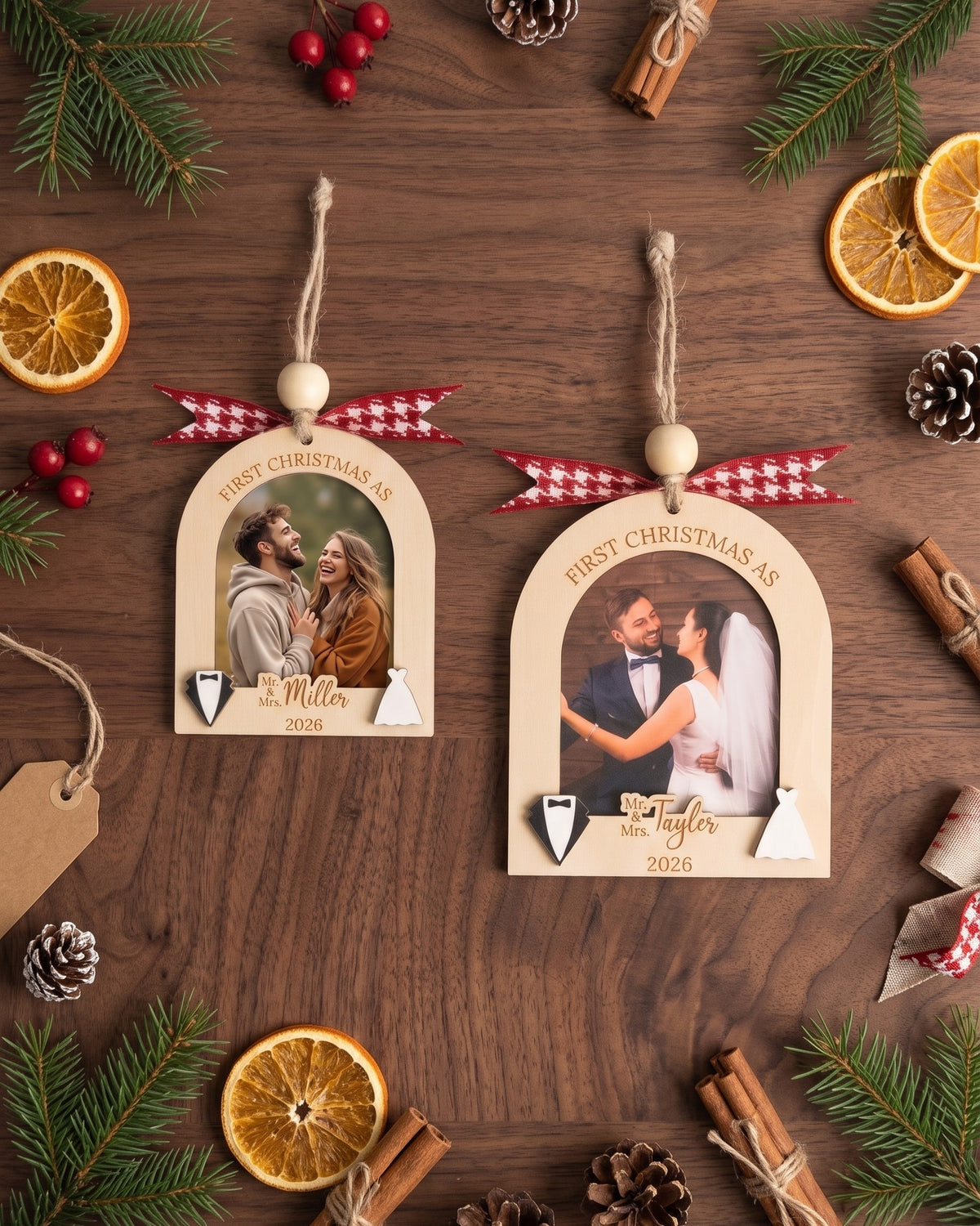 Married Photo Ornament Wood, Newlywed Christmas Ornament Gift B49