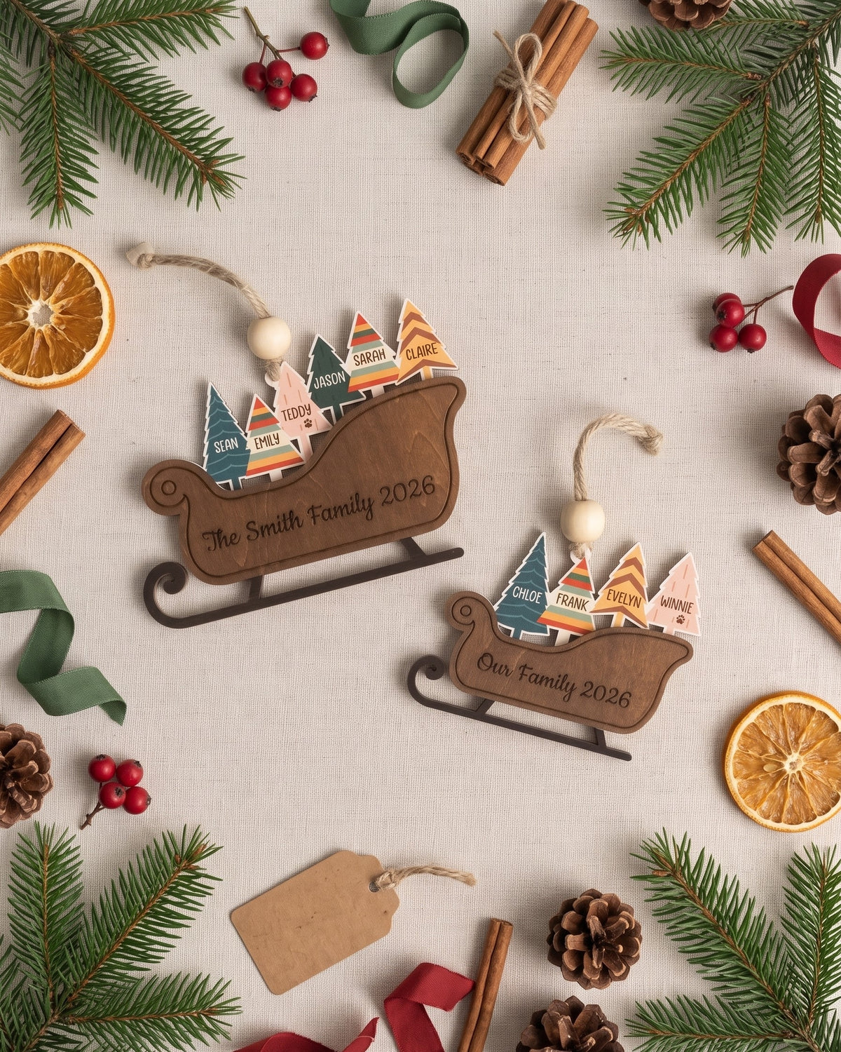 Family Sleigh Ornament Wood, Family Christmas Gift for Tree B64