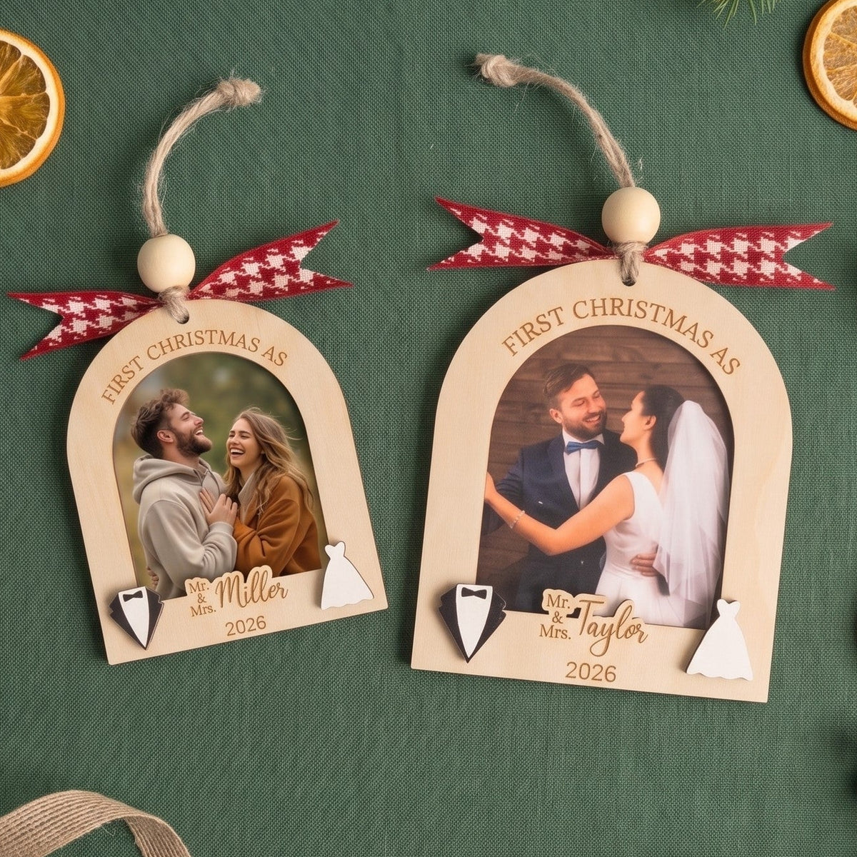 Married Photo Ornament Wood, Newlywed Christmas Ornament Gift B49