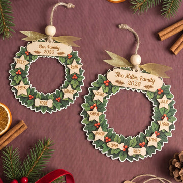 Family Wreath Ornament Wood, Christmas Tree Ornament Decor B72