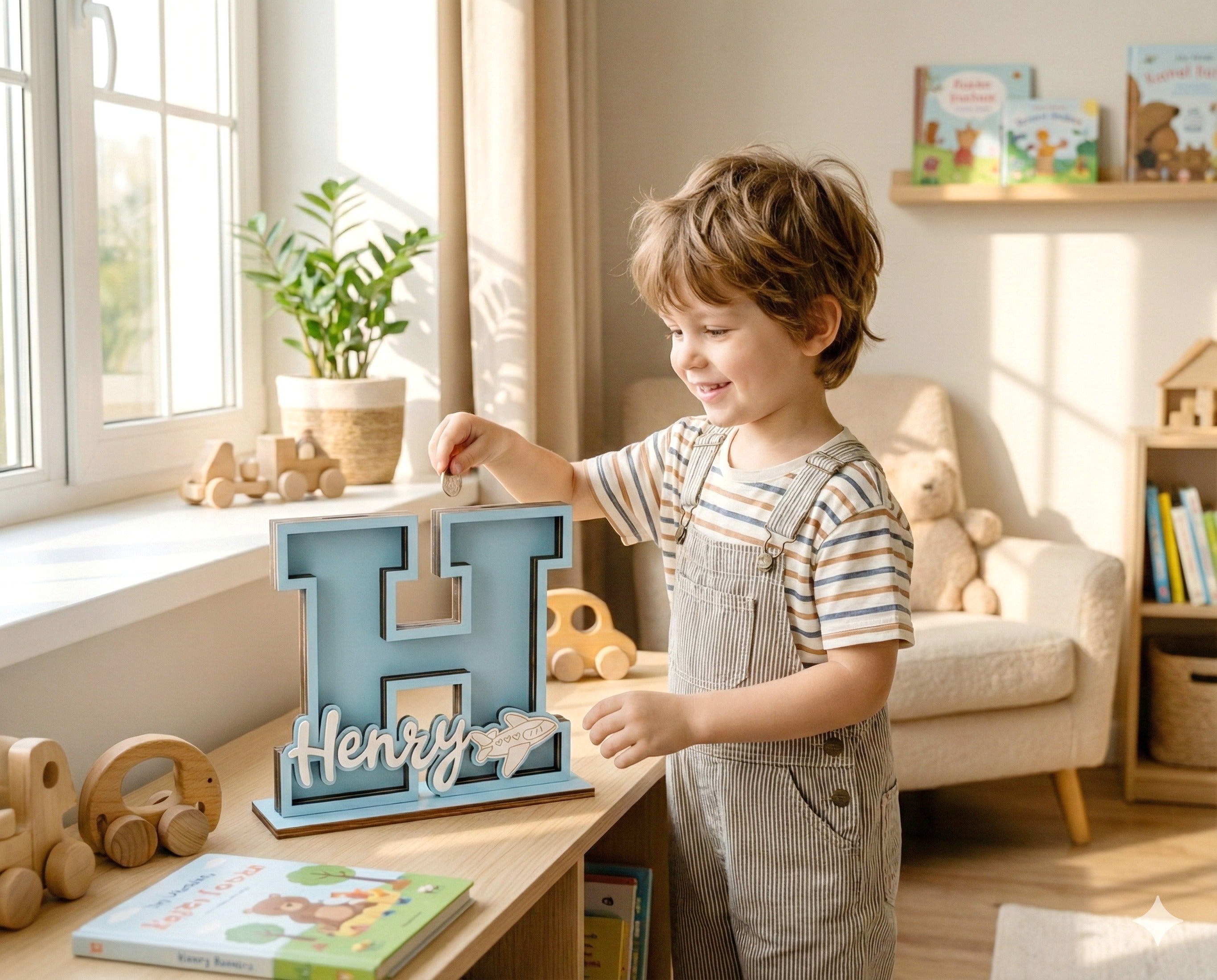 Personalized Letter Piggy Bank Wood Acrylic for Kids Room R16