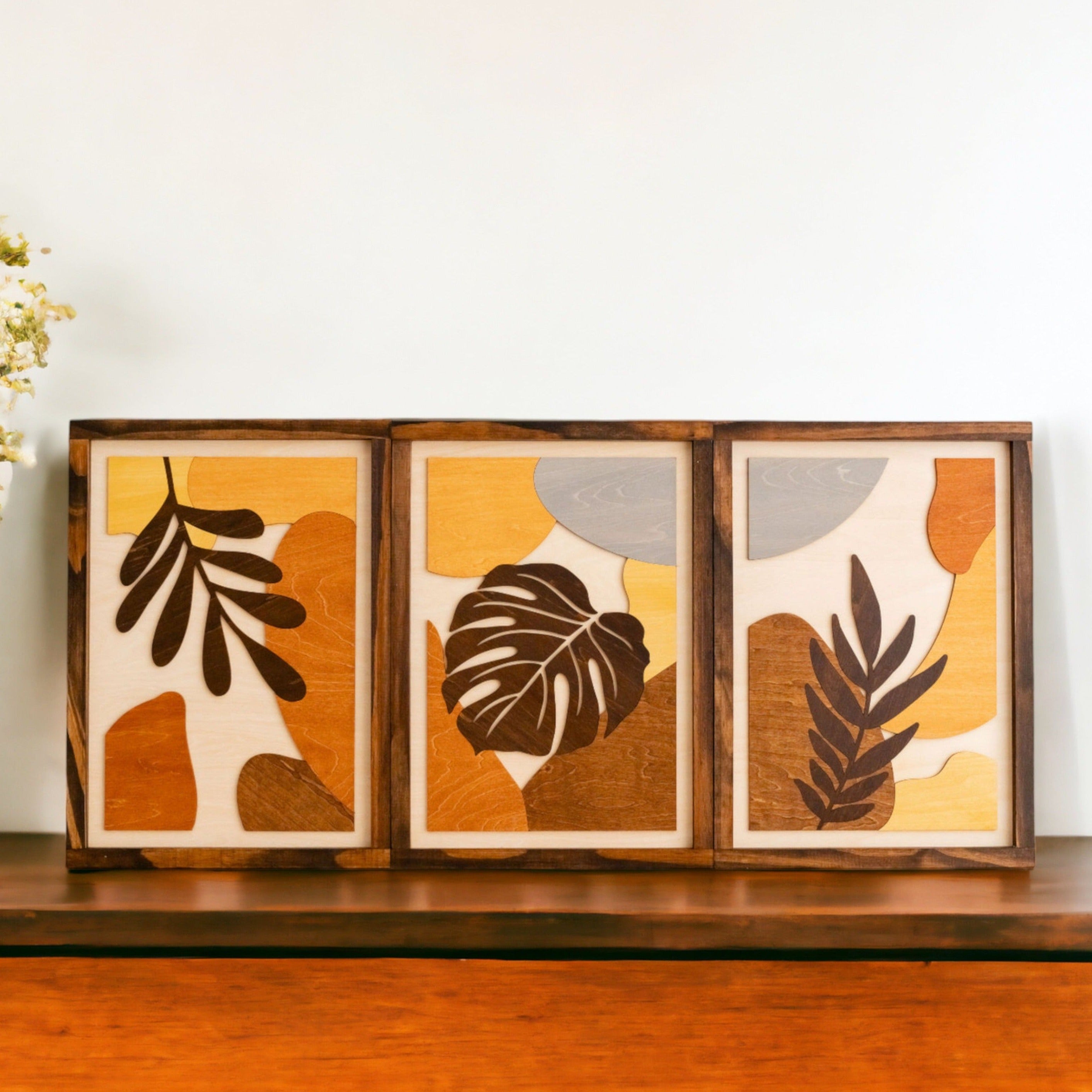 Bohemian Tropical Leaf Wooden Wall Art Trio for Rustic Home Decor