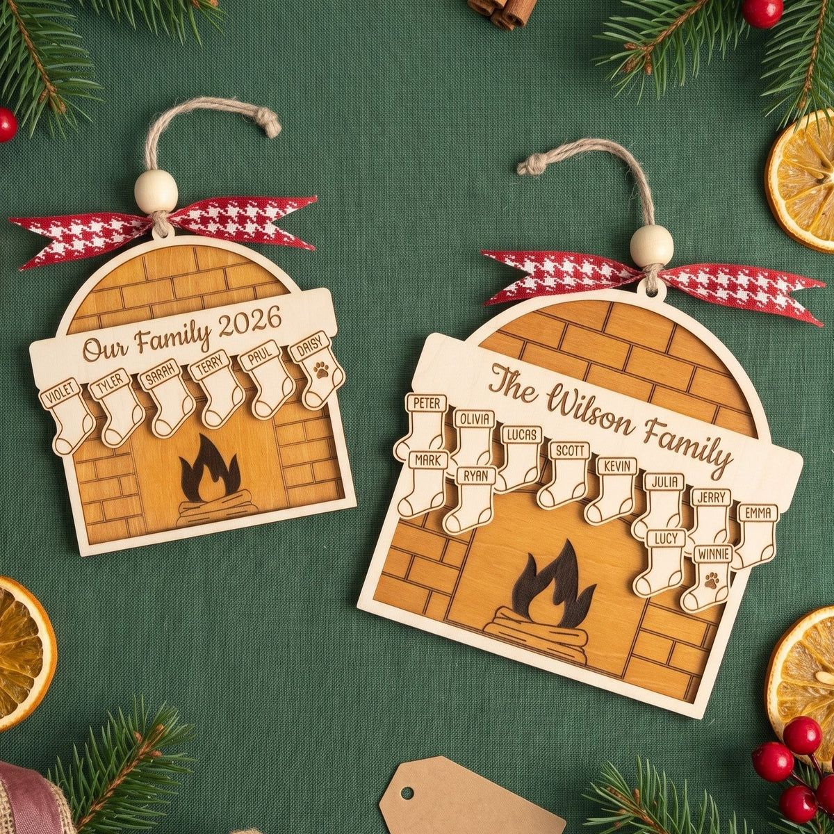 Family Fireplace Ornament Wood and Custom Family Ornament Gift B55