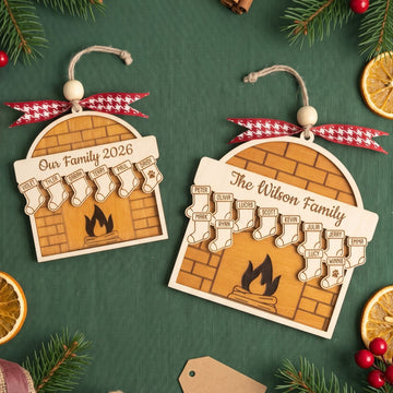 Family Fireplace Ornament Wood and Custom Family Ornament Gift B55