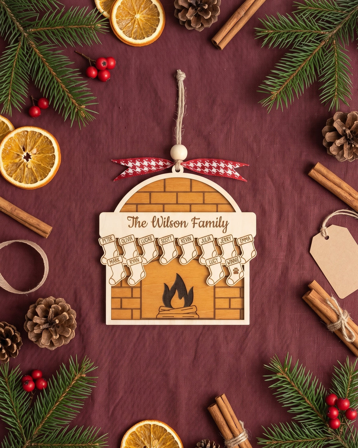 Family Fireplace Ornament Wood and Custom Family Ornament Gift B55