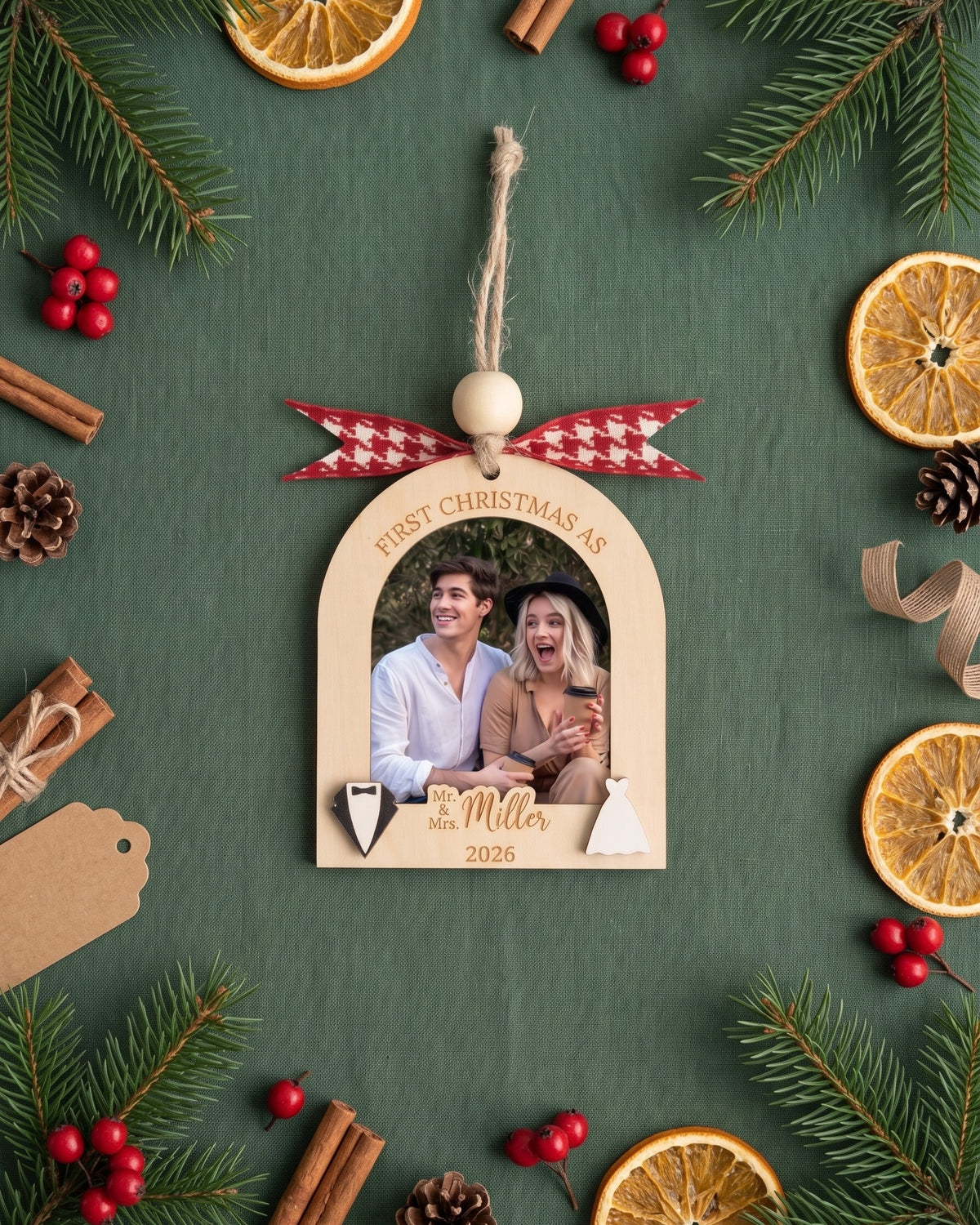 Married Photo Ornament Wood, Newlywed Christmas Ornament Gift B49