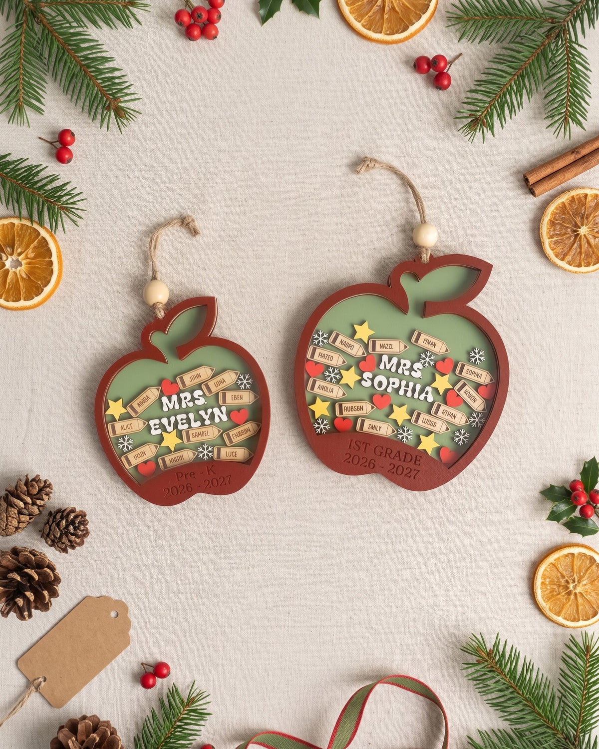 Teacher Shaker Ornament Wood, Christmas Tree Ornament for Decor B59