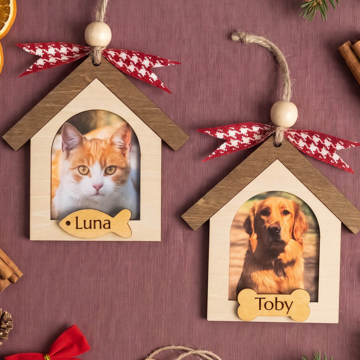 Pet Photo Ornament Wood, Cat Christmas Ornament for Pet Memorial B73