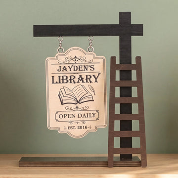 Personalized Library Hanging Wood Sign for Book Lovers Decor B04