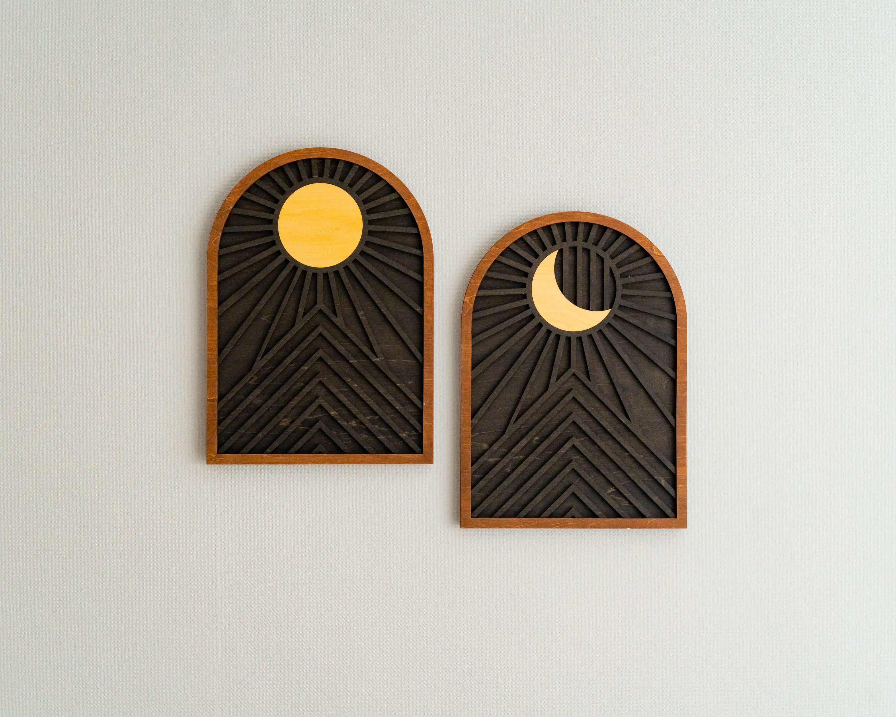 Celestial Sun and Moon Wooden Wall Art for Contemporary Rustic Home Decor