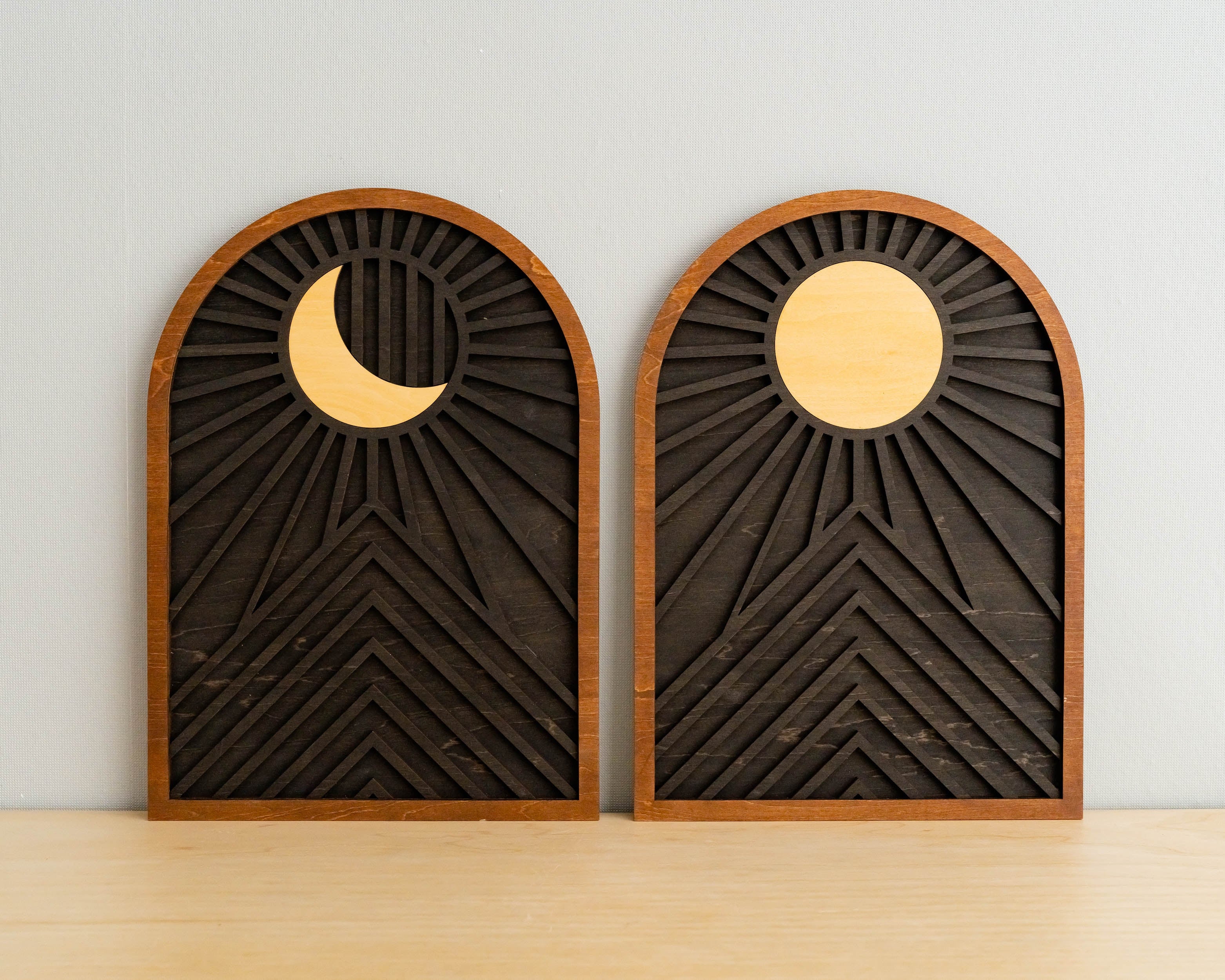 Celestial Sun and Moon Wooden Wall Art for Contemporary Rustic Home Decor