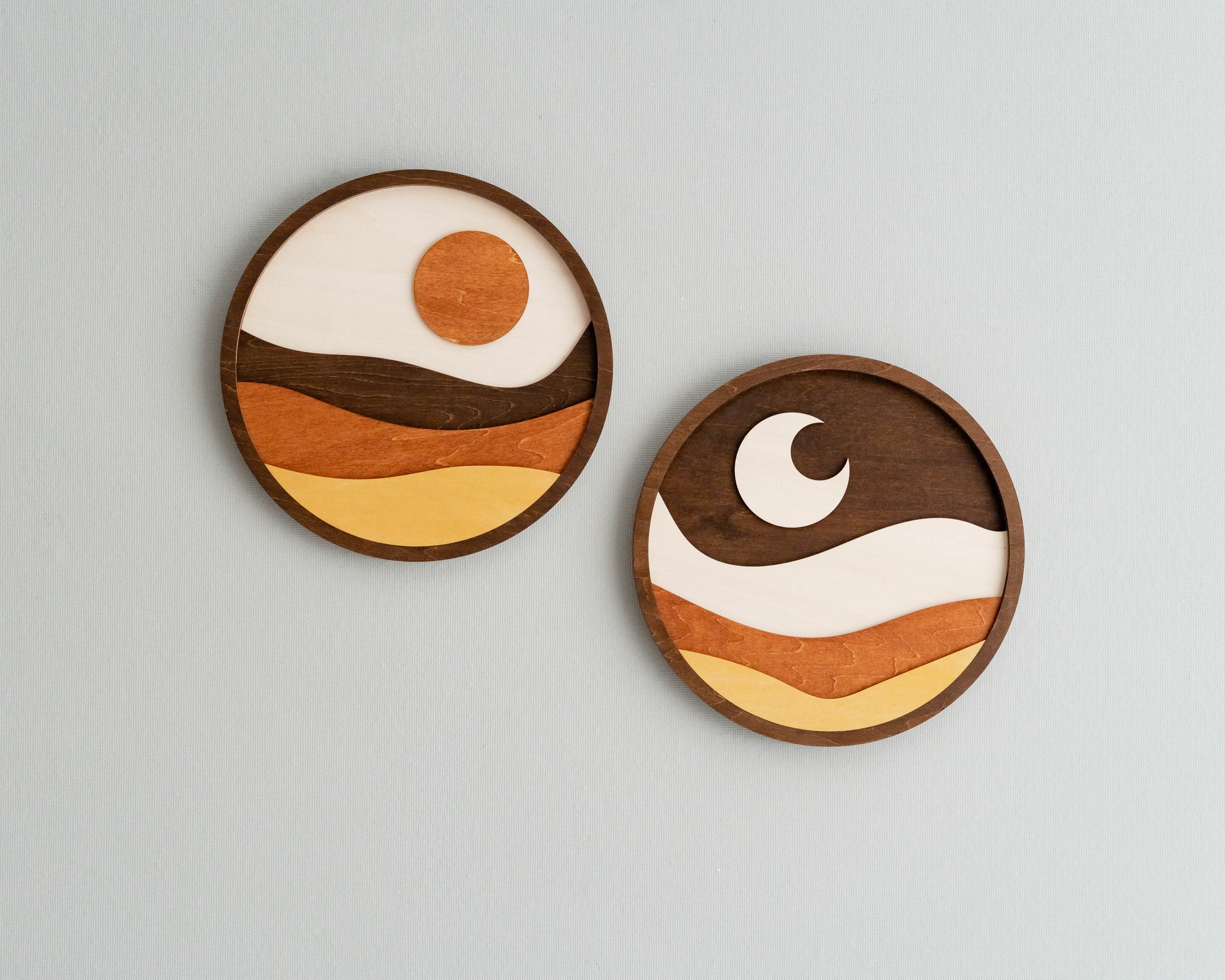 Set of 2 Moon and Sun Wood Sign for Boho Wall Decor