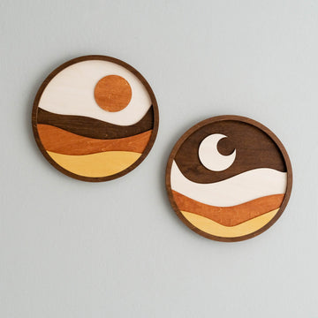 Boho Chic Moon and Sun Wooden Wall Art Set E04