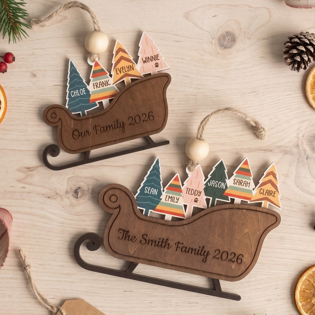 Family Sleigh Ornament Wood, Family Christmas Gift for Tree B64