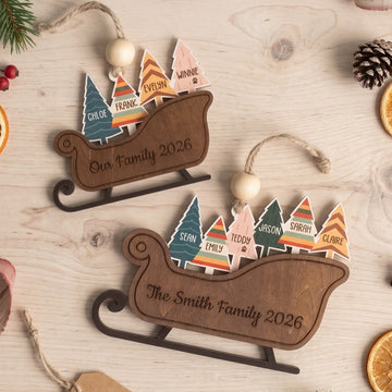 Family Sleigh Ornament Wood, Custom Family Ornament for Holiday B64