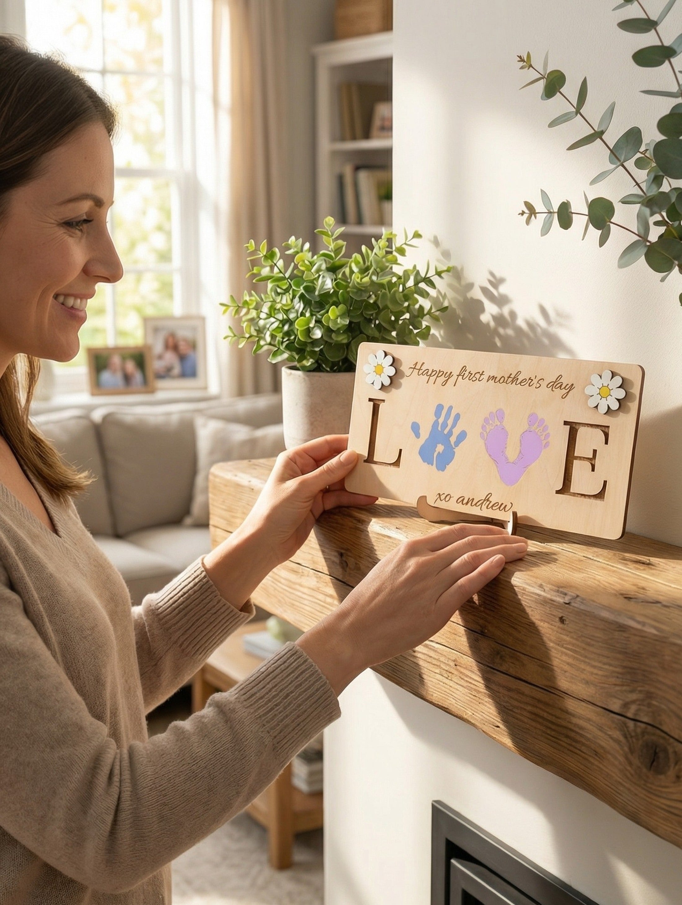 Mother’s Day Handprint Sign Wood for First Mothers Day Gift D55