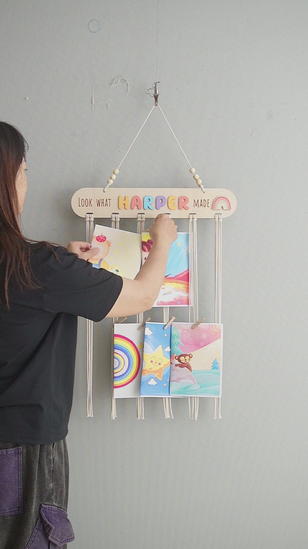 Macrame Kids Art Hanger with Wood for Kids Wall Decor D16