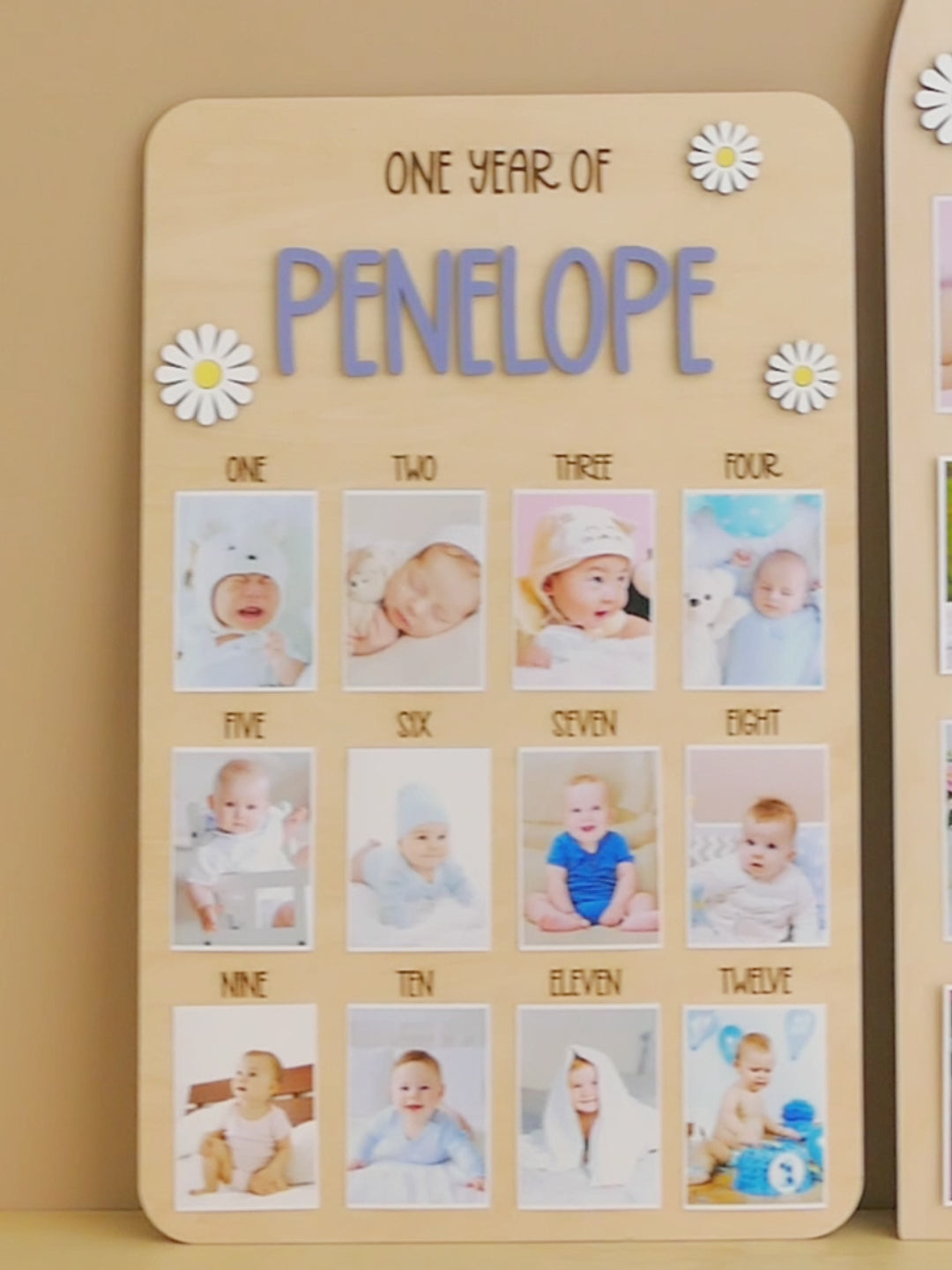 Personalized First Year Photo Board Natural Wood for Nursery Wall Decor G71