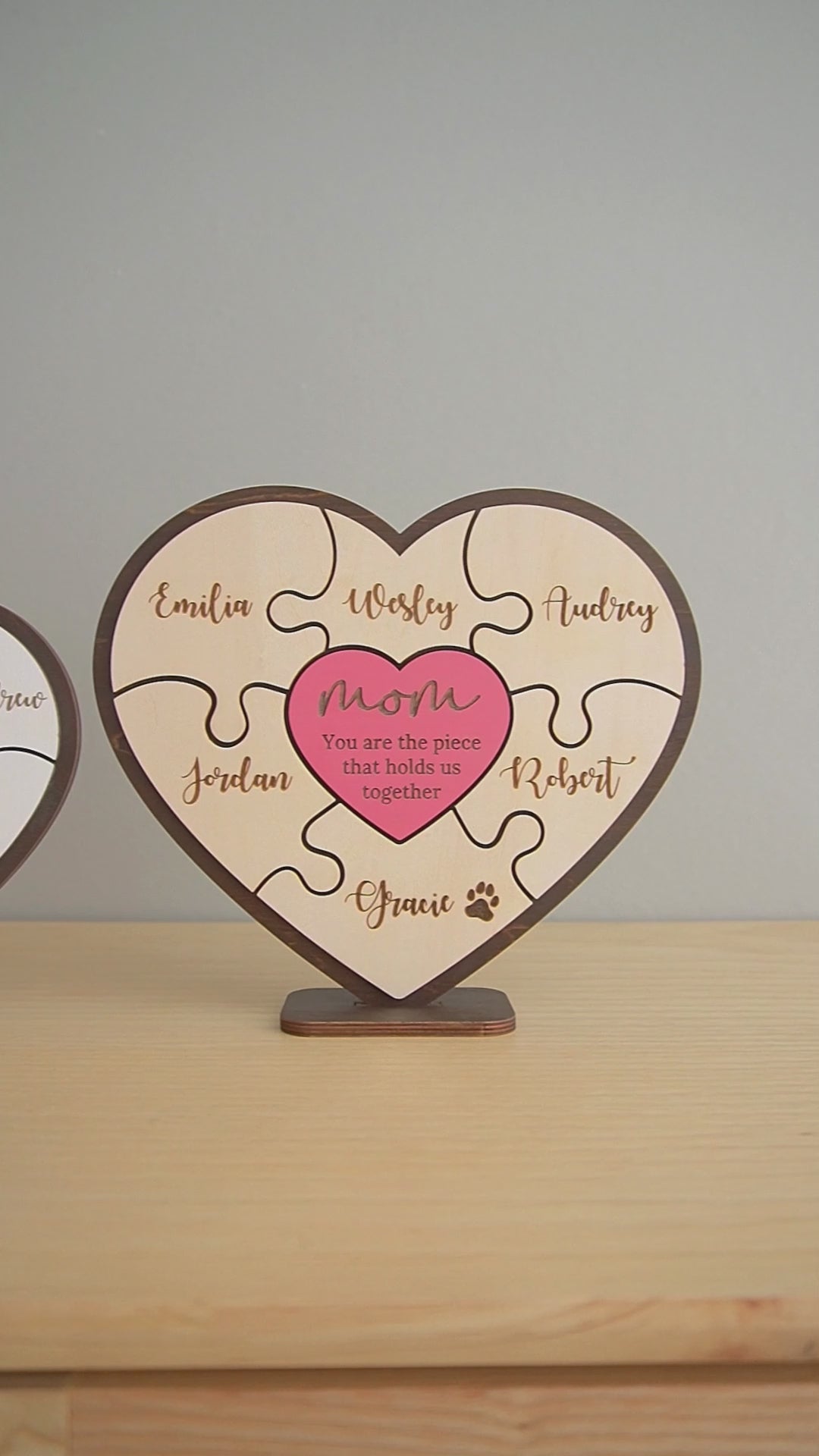 Personalized Wooden Heart Puzzle Frame for Mom Wood Mothers Day Gift and Custom Family Puzzle Round E95